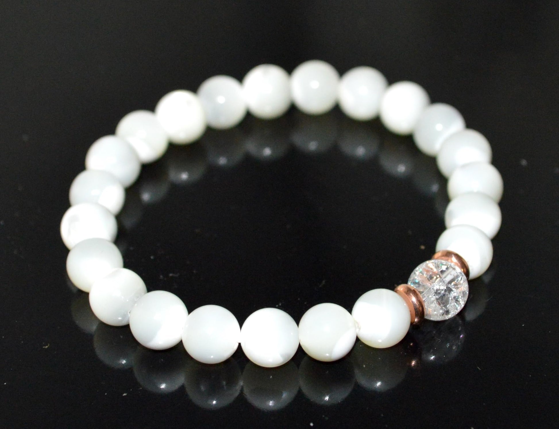 Mother of Pearl Himalayan Ice Crystal Quartz Bracelet - 8mm Beads Hand-Knotted Handmade USA - Gemini Cancer Birthstone - Heart Crown Chakra - Divine Feminine Intuitive Wisdom - Natural Stone AYK