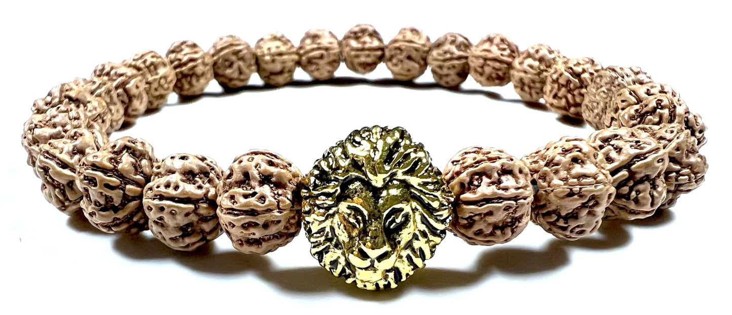 Unleash Inner Strength & Grounding: Handmade 5 Mukhi Rudraksha & Golden Polished Lion Head Bracelet (8mm) - Root Chakra & Universal Sun Sign