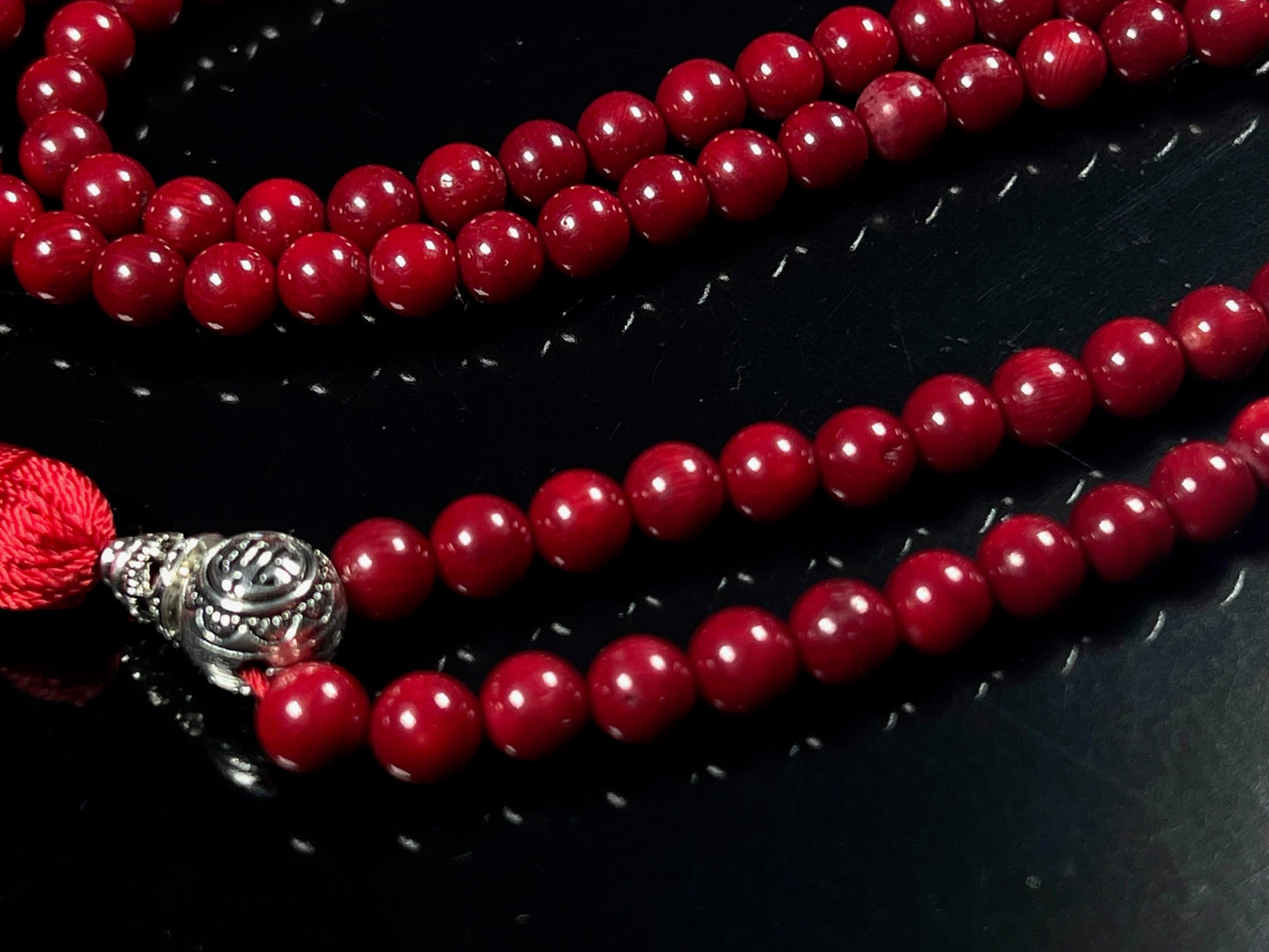 Red coral prayer beads japa mala necklace 6-7mm handmade 108+1 yoga meditation beads. Buddhist karma rosary for nirvana chanting om awakening chakra kundalini - w/Velvet Pouch