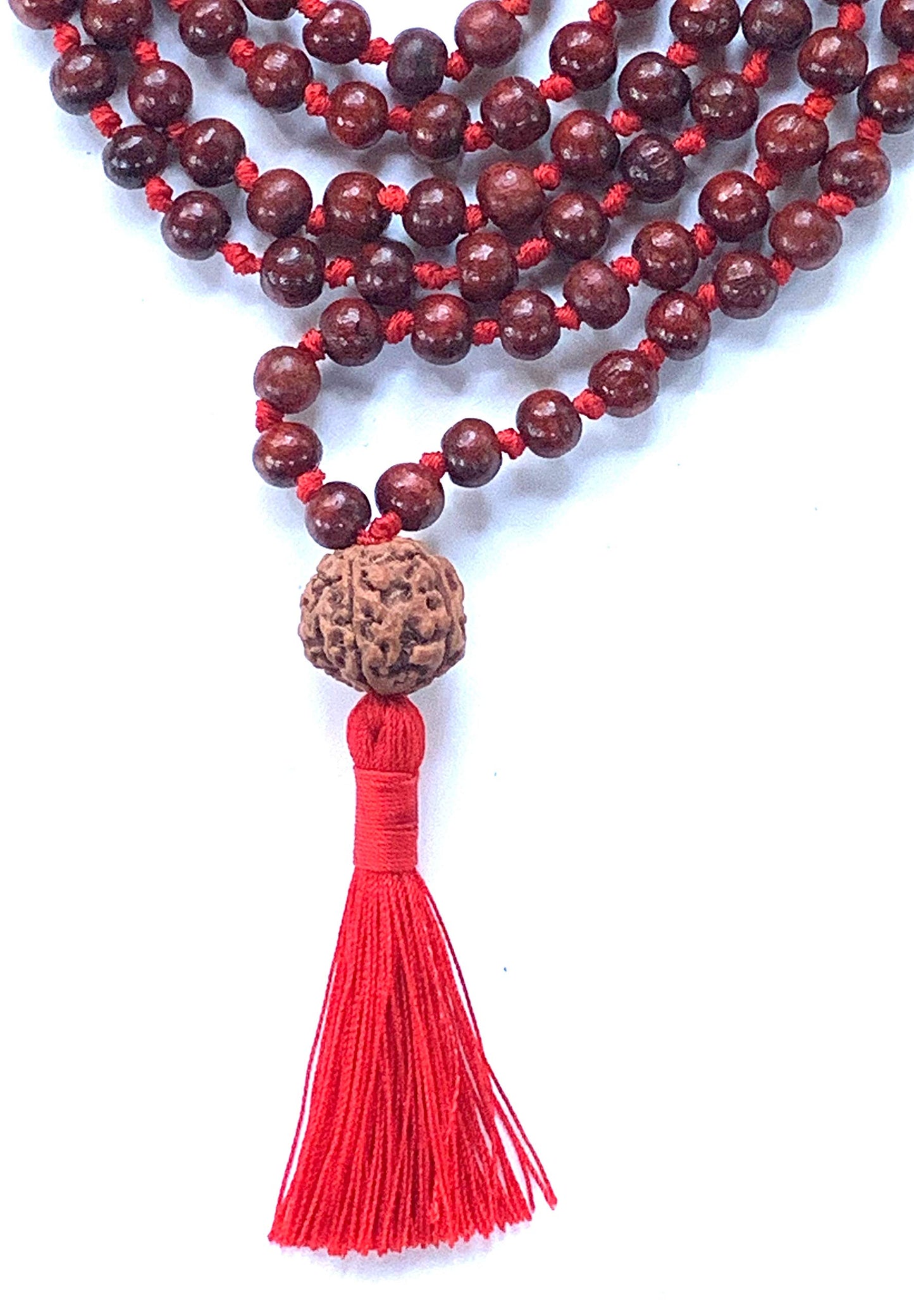 Rosewood mala beads necklace 108 buddhist prayer beads Red Sandalwood japa mala 10 Styles - Energized - w/ mala Pouch (8mm 108+1 Beads Knotted mala w/ 14mm 5 Mukhi (5 Face) Rudraksh Guru Bead)