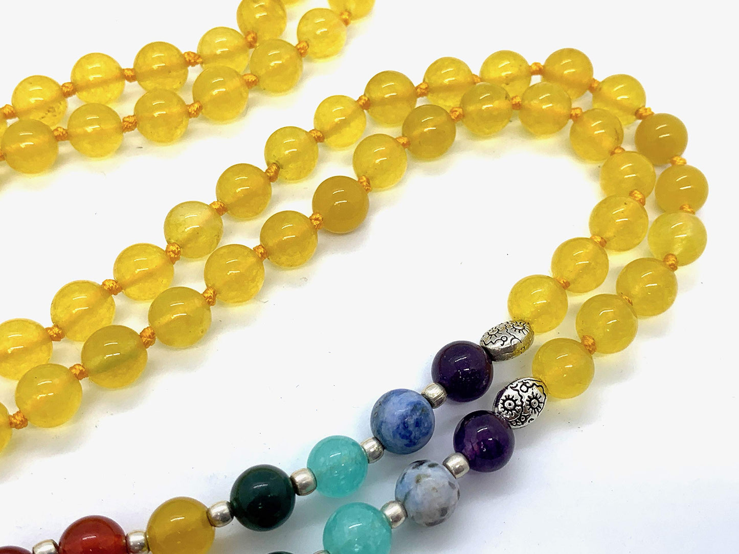 Energized 7 Chakra mala Hand Knotted 108 mala beads necklaces - Japa mala - Buddhist prayer beads - Meditation beads - Healing crystals for men women (Yellow Jade 3rd chakra Solar Plexus chakra mala)
