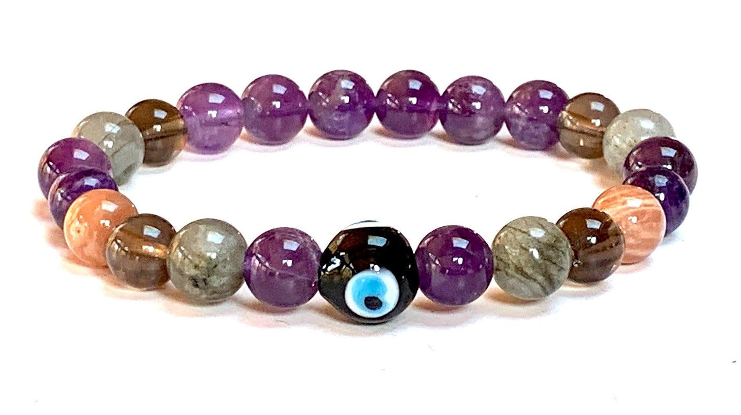 AWAKEN YOUR KUNDALINI Crystal of Strength Stretch Bracelet, Crown, Solar Plexus, Third Eye, Root Chakra, Leo Birthstone