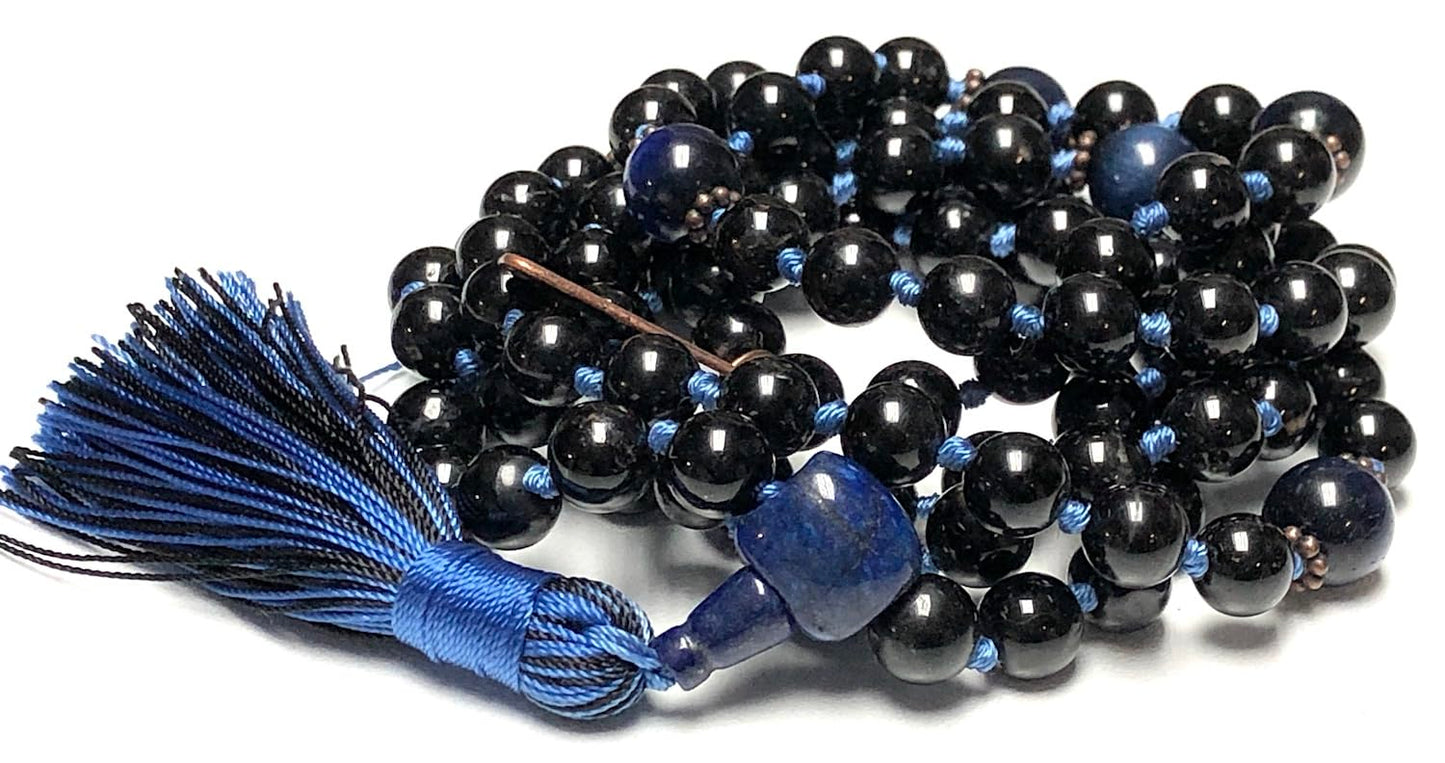 VESTA Black Tourmaline & Blue Tiger’s Eye Mala Necklace | 108 Beads for Grounding, Protection & Clear Communication | Root & Throat Chakra | Capricorn & Sagittarius Birthstone | Handmade in USA