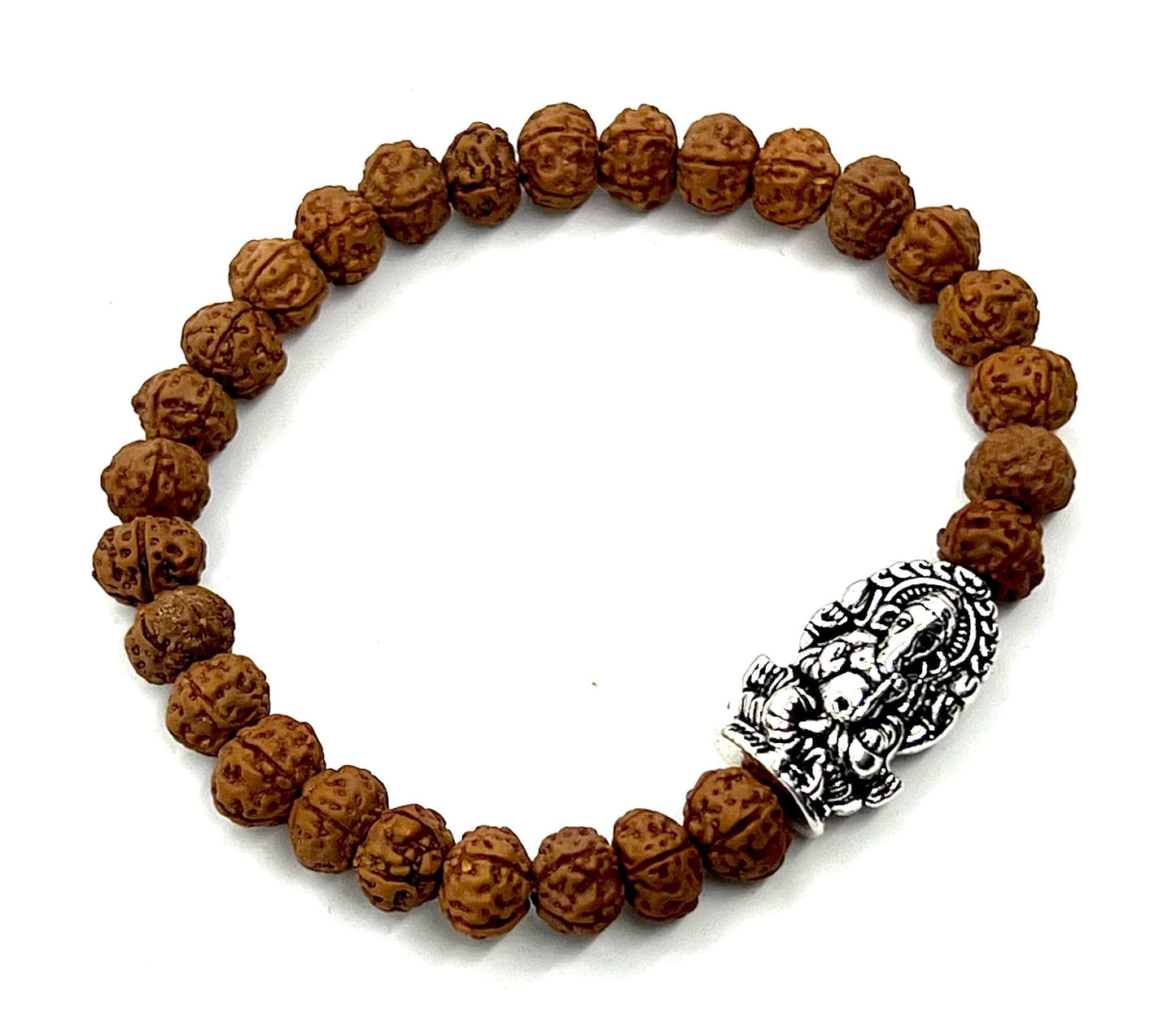 Rudraksha Beads Stretchable Bracelet - 8mm Real Chikna Rudraksh Beads - w/God Ganesha Ganesh Ganpati - Wrist Size 7.5 Inches