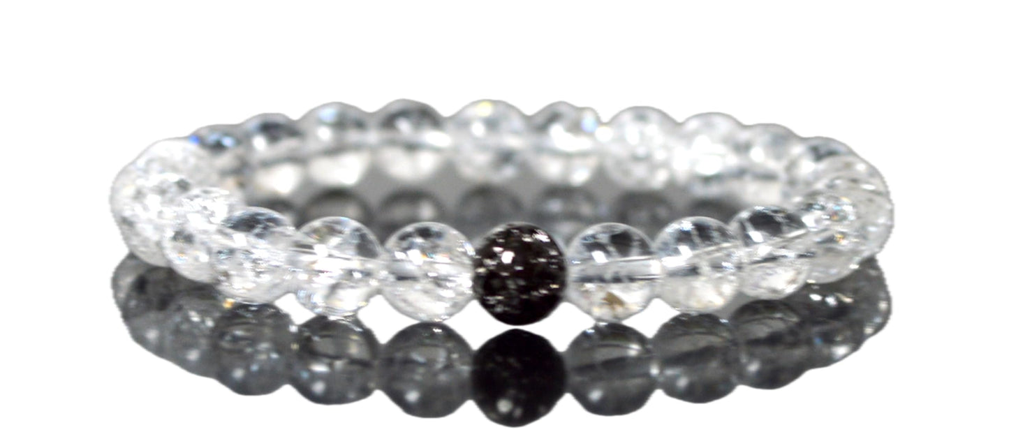 Himalayan Ice Crystal Quartz and Lava Beads Stretch Bracelet – Multi Tone Finish – Aries Birthstone – Universal Sun Sign - Crown Chakra Energy Bracelet
