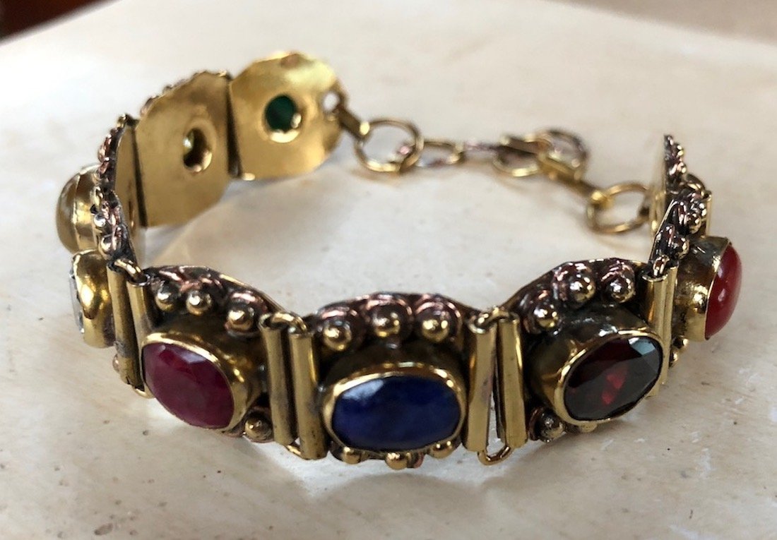Navratan Navratna Wrist Band Bracelet - 9 Planets Healing Gemstone Navaratna Lucky Charm Amulet for Malefic Planetary Effects (Cuff Link Bracelet Approx. L8"xW.75" Inch Adjustable)