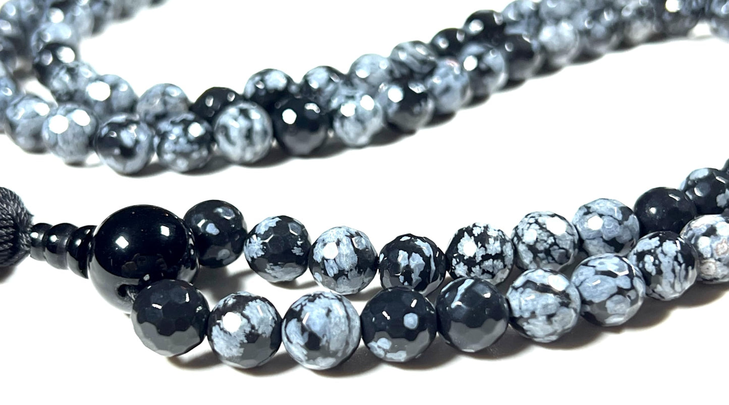 Snowflake Obsidian Mala Beads Necklace, Facetted 8mm 108 Mala Beads, Capricorn and Virgo Birthstone Crystal Gemstones