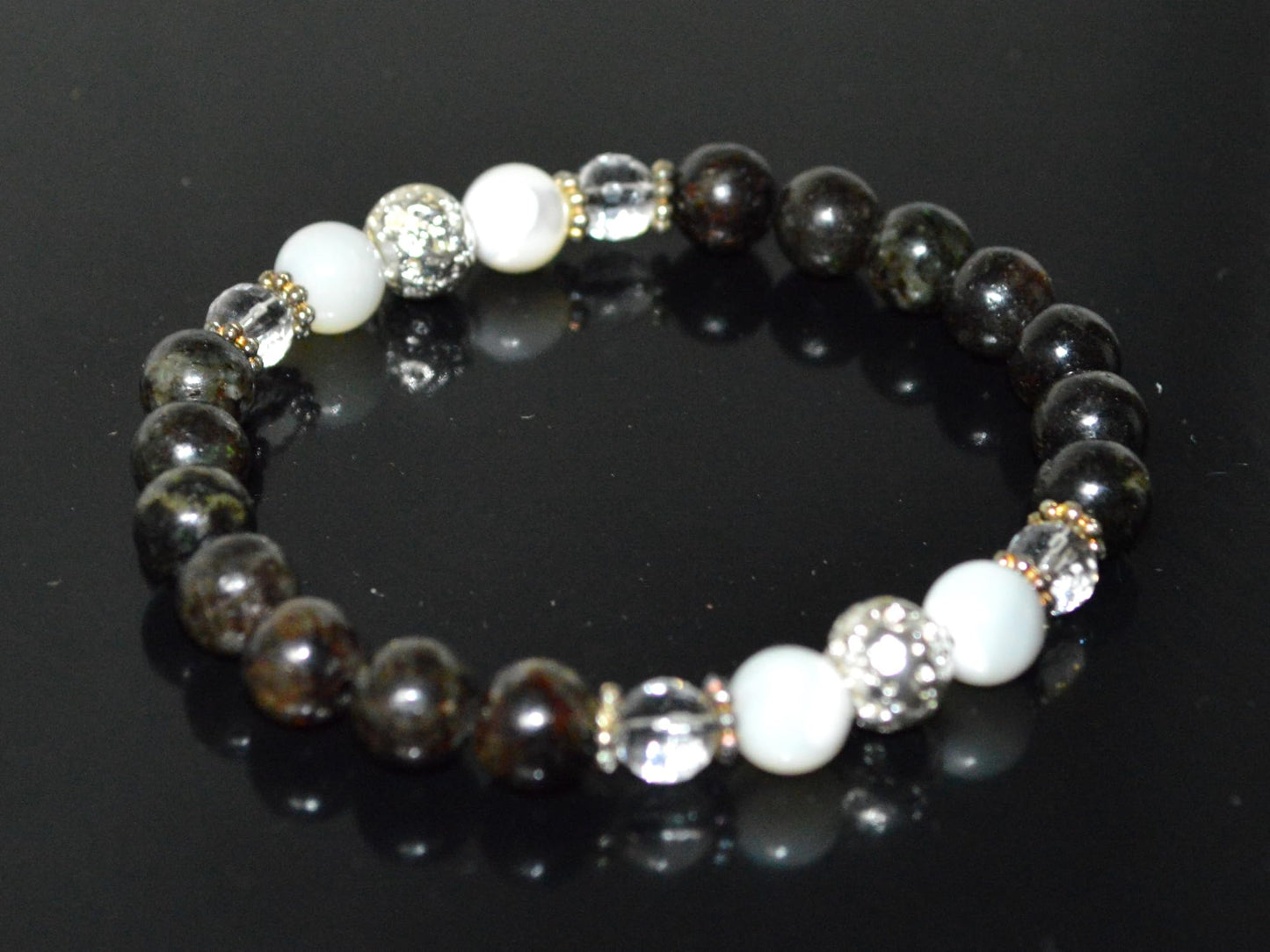 Astrophyllite, Crystal Quartz, Lava & Mother of Pearl Stretch Bracelet - Birthstone for April & June - Zodiac Sun Sign for Aries, Taurus, Gemini Cancer - Crown Chakra