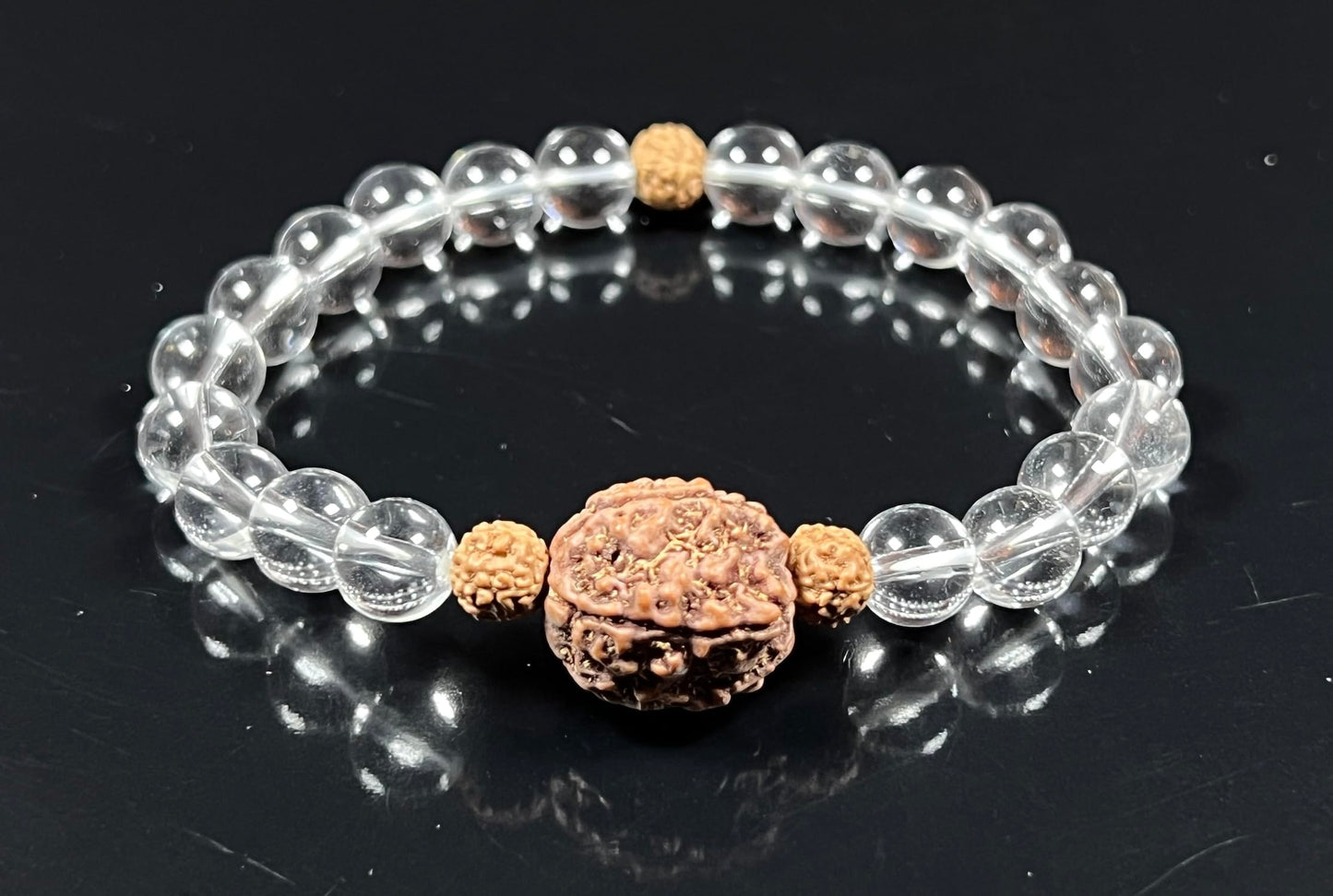 AWAKEN YOUR KUNDALINI Crystal Quartz and 5 Mukhi Rudraksha Stretch Bracelet, Crown Chakra Healing, Clarity and Spiritual Growth