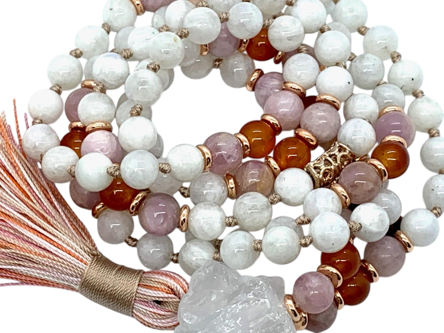Lunessa Mala Necklace – Hand Knotted Moonstone, Kunzite & Carnelian with Raw Quartz Guru | 8mm 108 Beads | Crown-to-Sacral Chakra Alignment | June & July Birthstones | Ethically Sourced