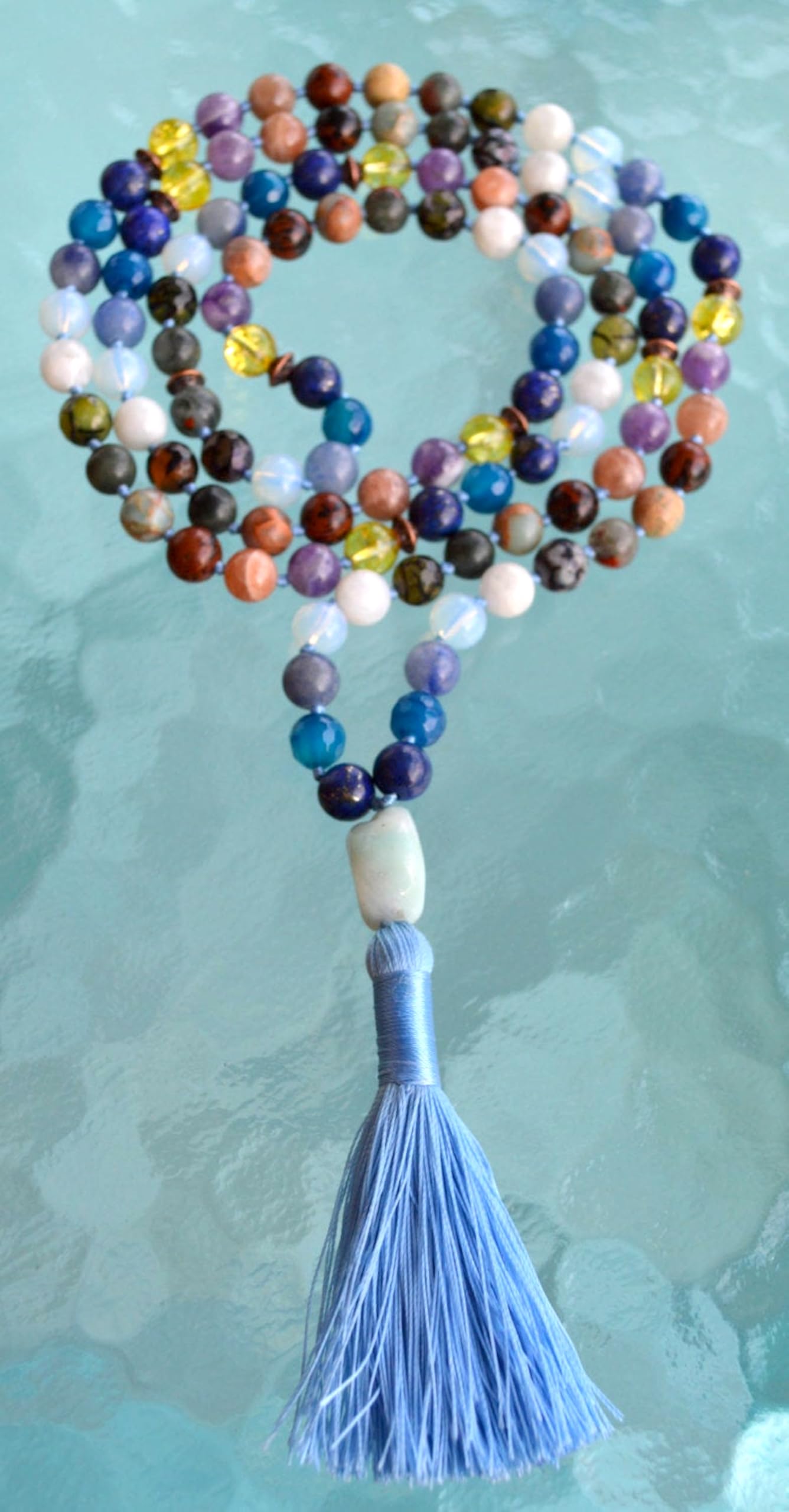 Hand Knotted Libra Mala Beads Necklace - Birthstone Jewelry for September and October - Heart and Throat Chakra Alignment - Heart and Throat Chakra Alignment