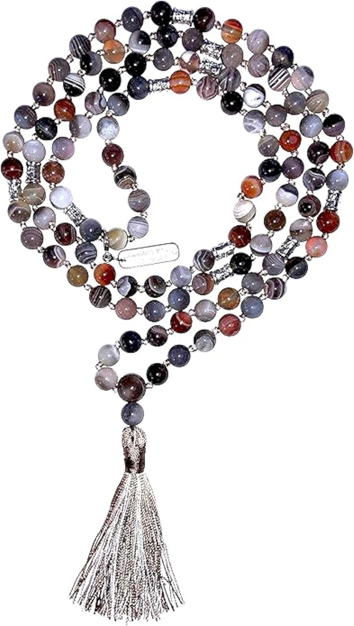 Certified Energized Mala Beads Necklace with COA - Chakra Mala - Japa Mala - 8mm 108 Buddhist Prayer Beads - Meditation Mala - Tassel Necklace – Zodiac/Sun Sign stones (Botswana Agate)