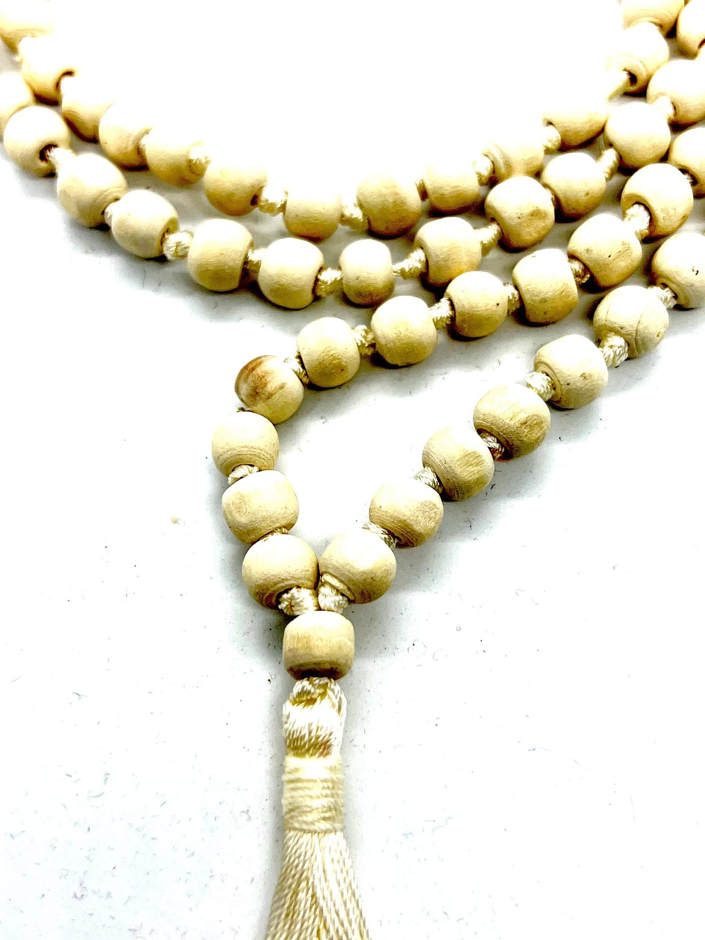 Tulsi Mala Beaded Necklace - Hand Knotted Tulasi Beads - 7 Chakra Mala (White String)