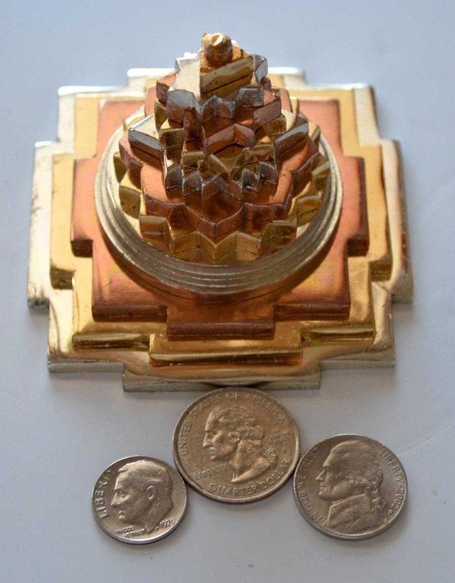 AWAKEN YOUR KUNDALINI Sri Meru Yantra, Shree Chakra, Maha Meru in Astadhatu Size 3" Inch - Spiritual Powers, Vaastu Dosh, Prosperity - 3D