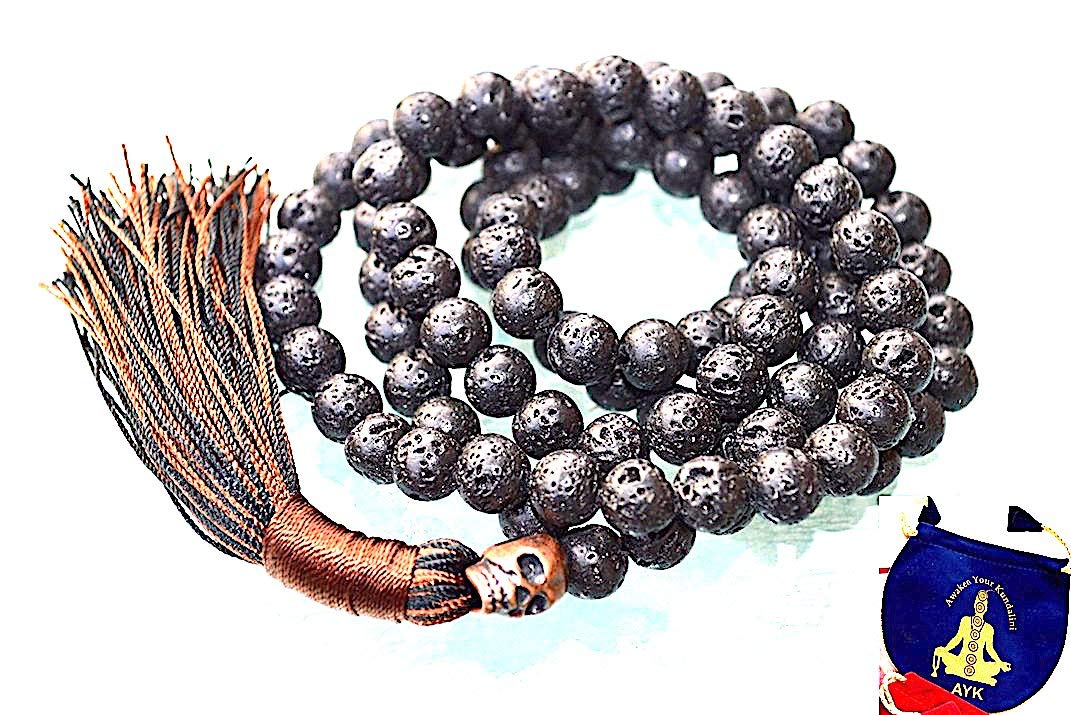 Natural Lava Stone Mala 108 Beads Copper Skull Guru Bead VULCAN Collection Root Chakra Healing Essential Oil Diffuser Spiritual Warrior Jewelry Awaken Your Kundalini Fire Element
