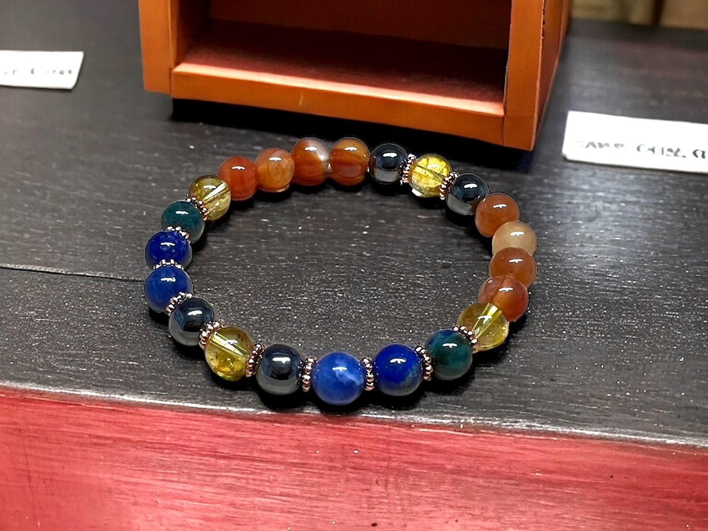 Celestial Harmony Bracelet with Lapis Lazuli, Citrine, Carnelian, Hematite, and Moss Agate Beads - Multi Chakra and Multi Birthstone Association
