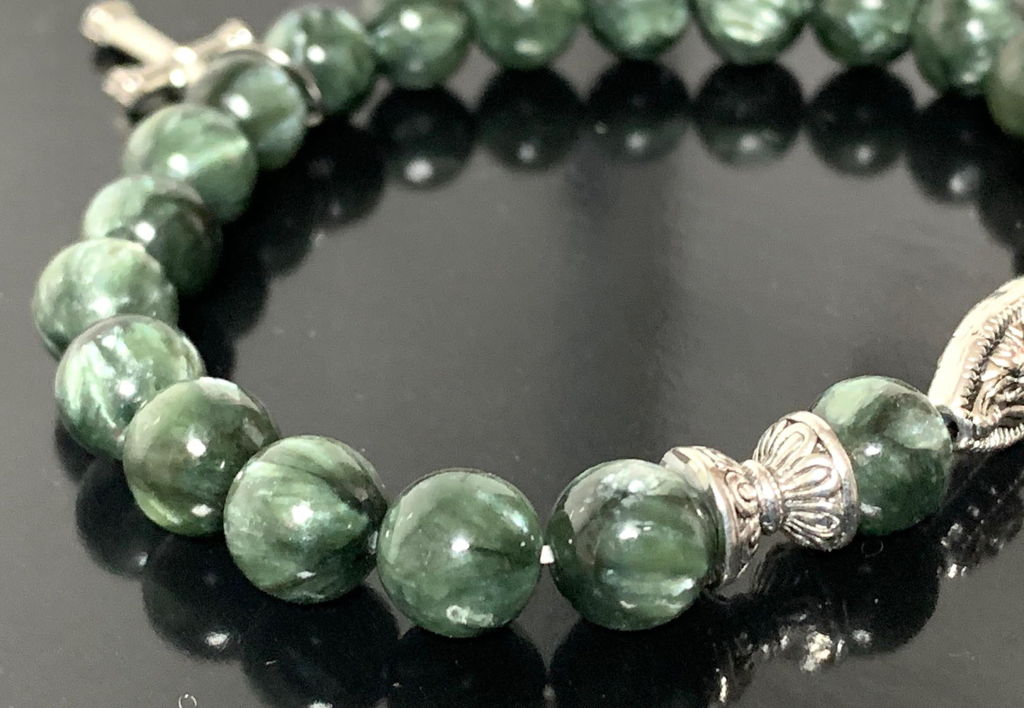 Seraphinite Stretch Bracelet with Choice of Alloy Silver Finish Mother Mary & Holy Cross or Lord Ganesha - Universal Birthstone - Heart & Crown Chakra