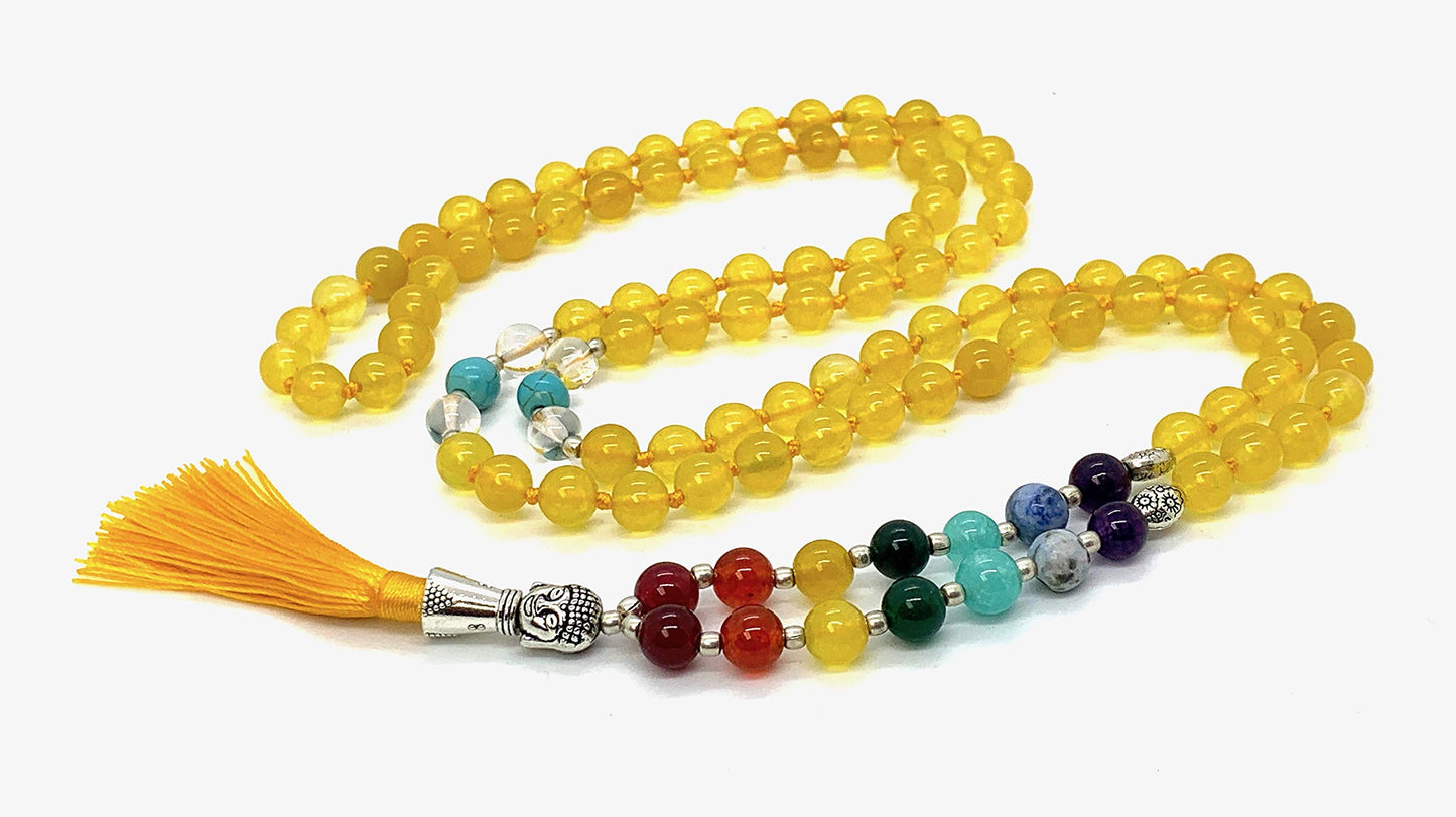 Energized 7 Chakra mala Hand Knotted 108 mala beads necklaces - Japa mala - Buddhist prayer beads - Meditation beads - Healing crystals for men women (Yellow Jade 3rd chakra Solar Plexus chakra mala)