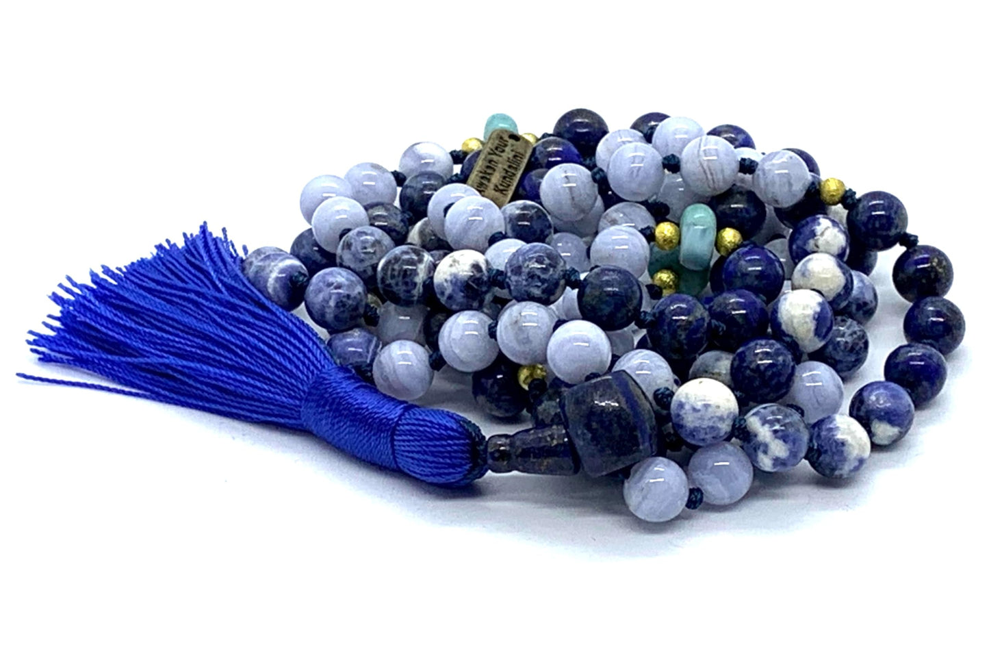 Hand Knotted Oceanic Wisdom Mala Necklace – Lapis Lazuli, Sodalite, Blue Lace Agate & Amazonite | 8mm 108 Beads | September & December Birthstones | Throat & Third Eye Chakras | Ethically Sourced
