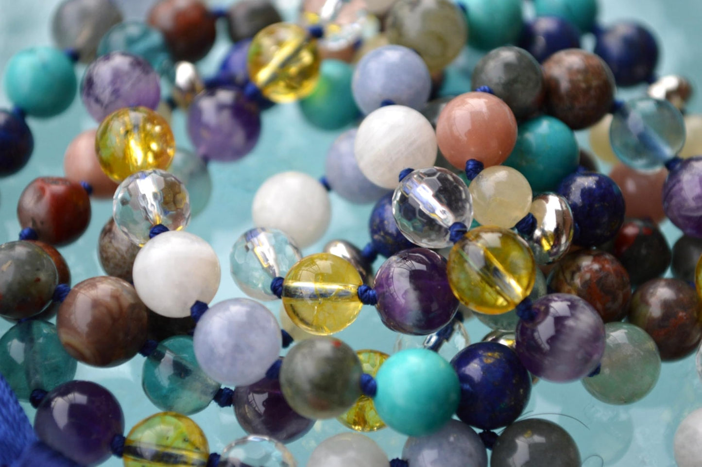 Hand-Knotted Pisces Mala Necklace – February & March Birthstone - Third Eye, Throat, Heart, Solar Plexus and Crown Chakras