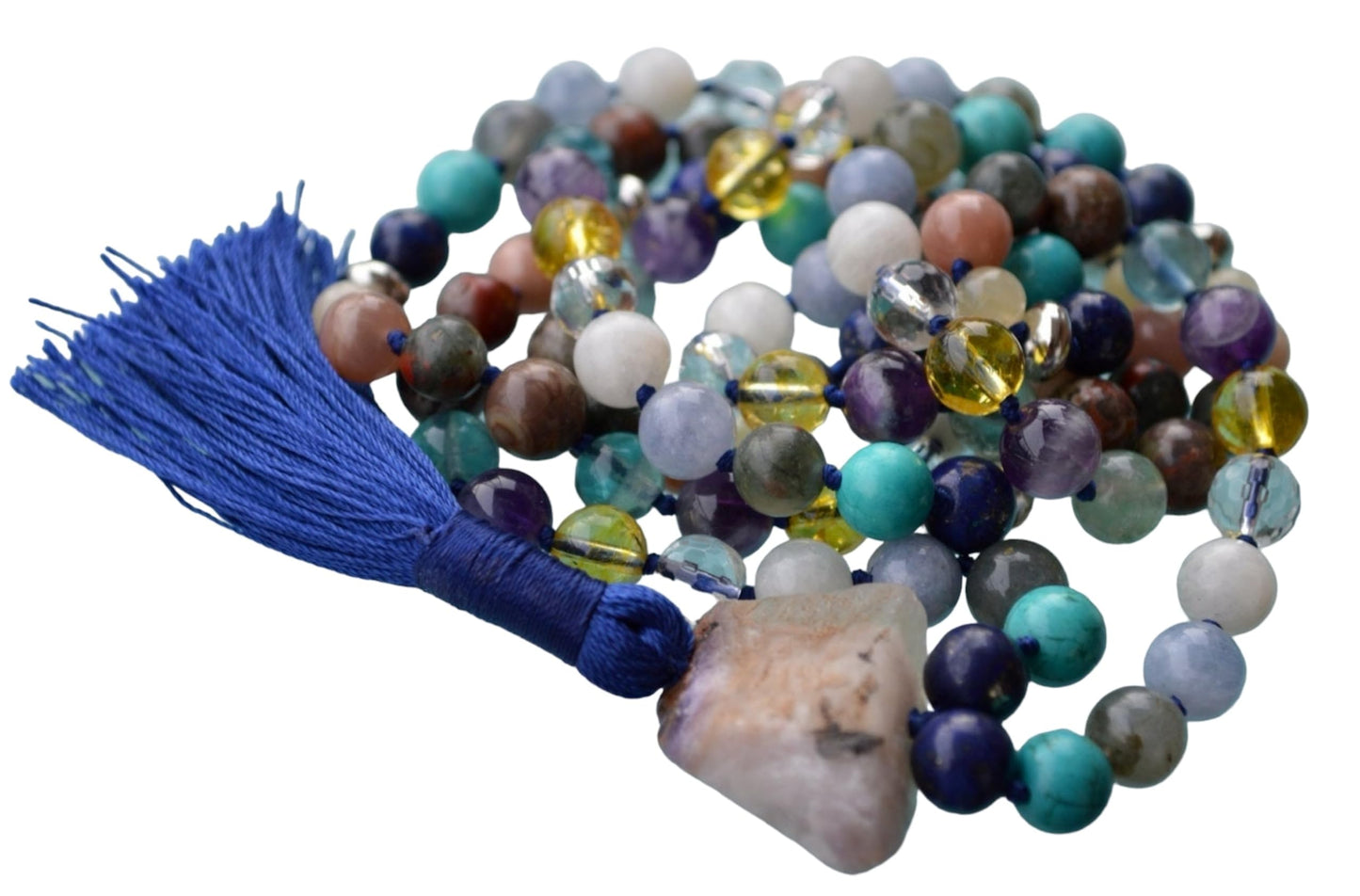 Hand-Knotted Pisces Mala Necklace – February & March Birthstone - Third Eye, Throat, Heart, Solar Plexus and Crown Chakras