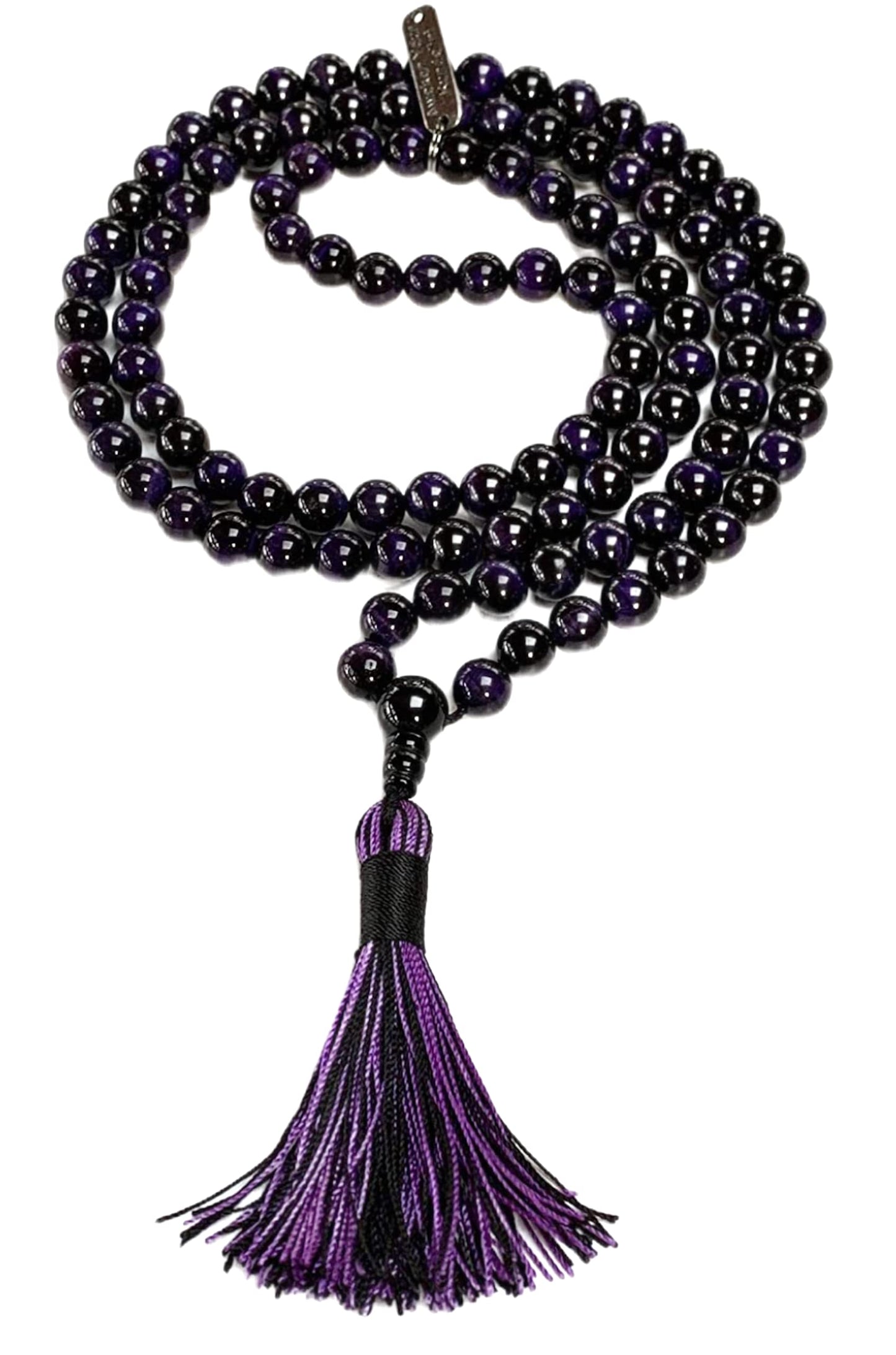 Handmade Purple Tiger's Eye Mala Necklace: Aquarius & Pisces Birthstone - Intuition & Confidence - Third Eye & Solar Plexus Chakra (8mm Beads, 36 Inch Length)