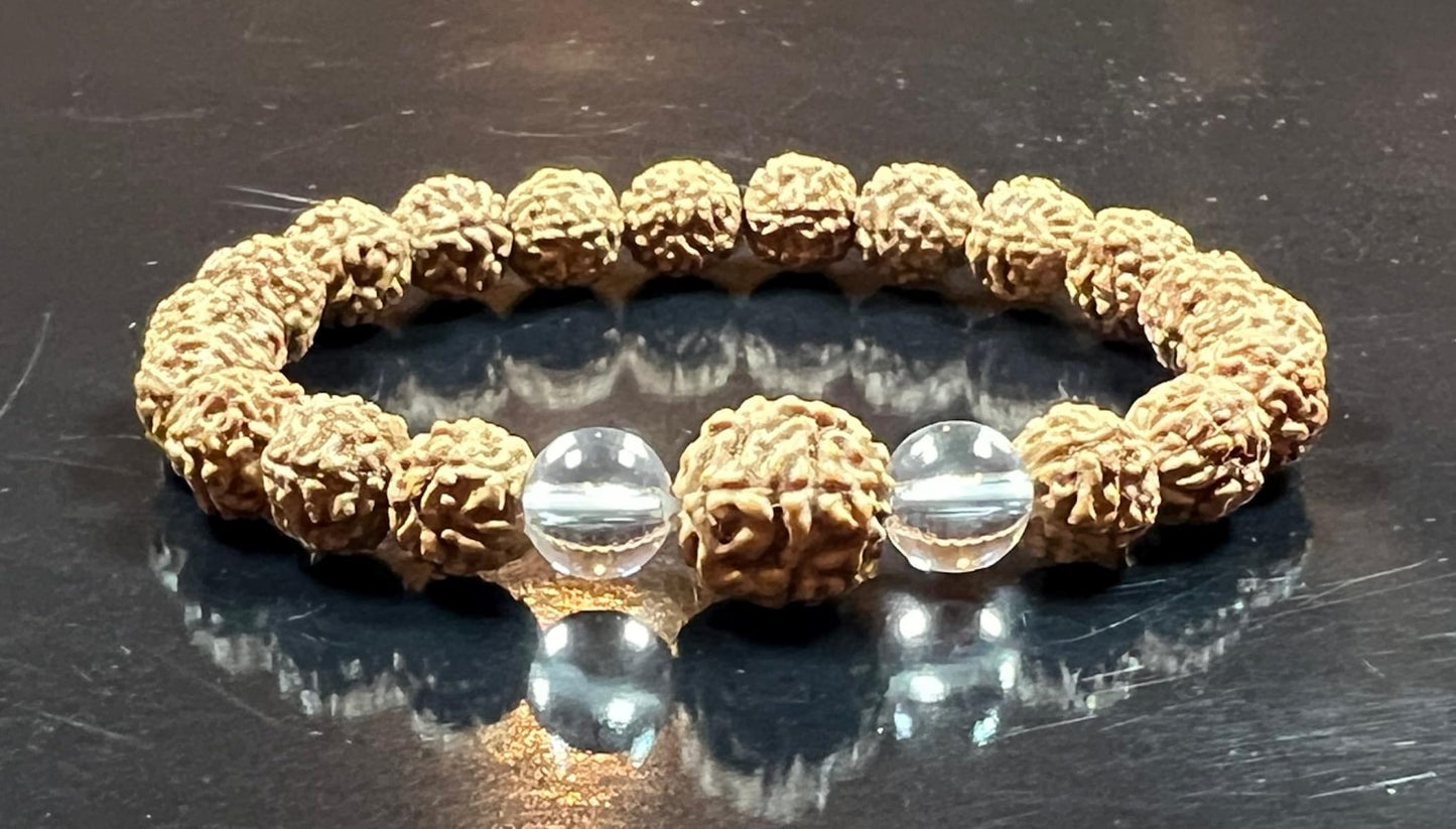 AWAKEN YOUR KUNDALINI Divine Harmony - Stretch Bracelet with Rudraksha & Crystal Quartz - 5 Mukhi, 7 Mukhi Rudraksha, April Birthstone, Taurus Gemstone, Root Chakra
