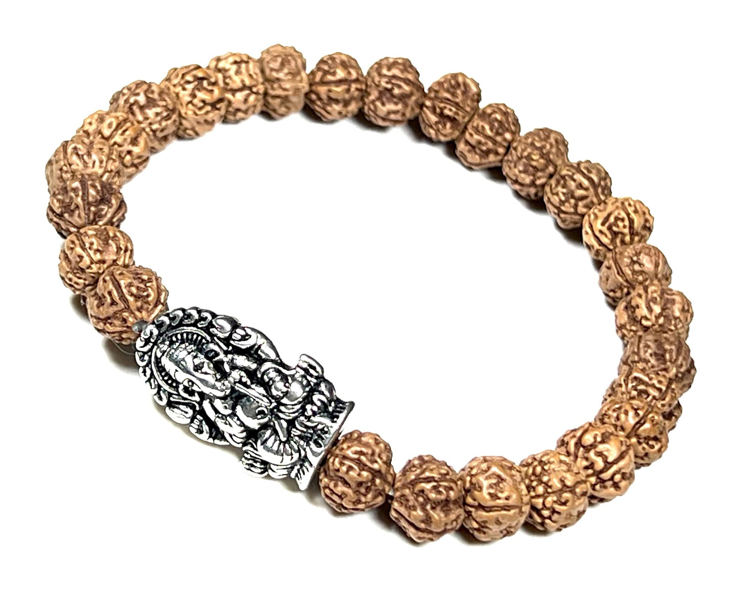 5 Mukhi Rudraksha Beads Stretchable Bracelet - 8mm Real Chikna Rudraksh Beads - w/God Ganesha Ganesh Ganpati Accent - Natural & Ethically Sourced