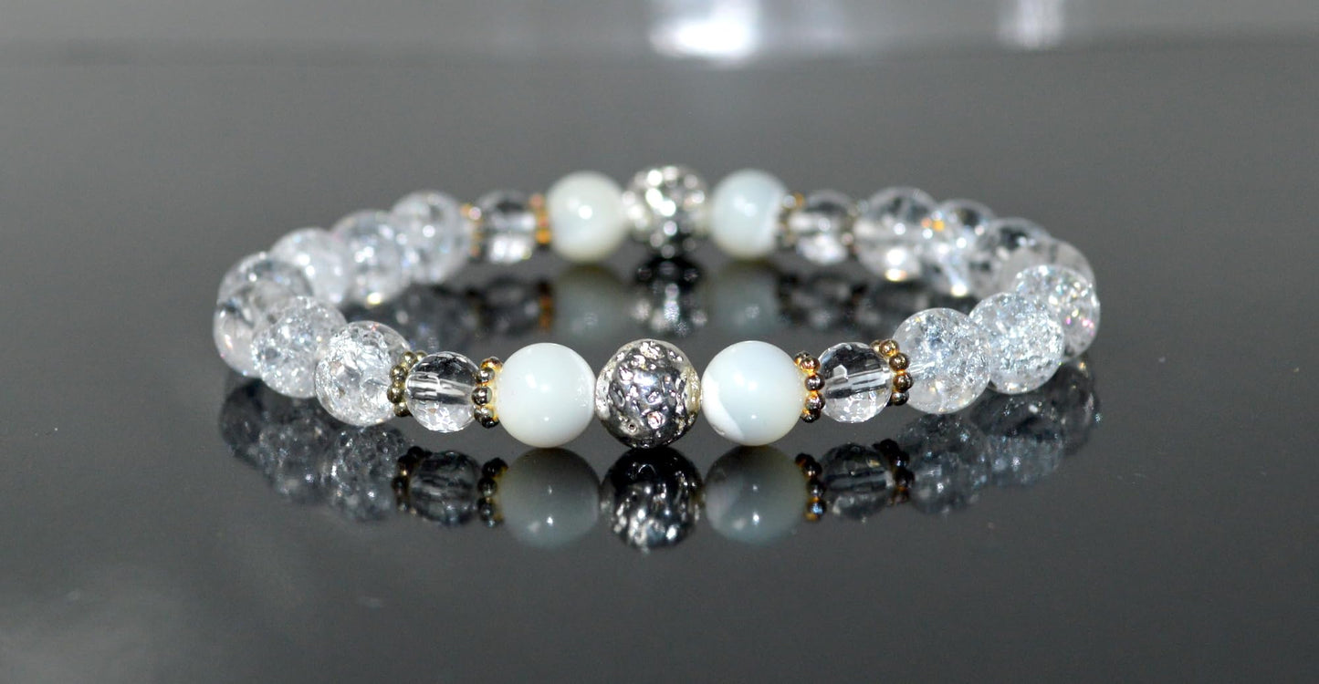Handmade AAA Crackled and Faceted Crystal Quartz with Mother of Pearl Stretch Bracelet, Gemini Birthstone, May-June Sun Sign, Crown Chakra
