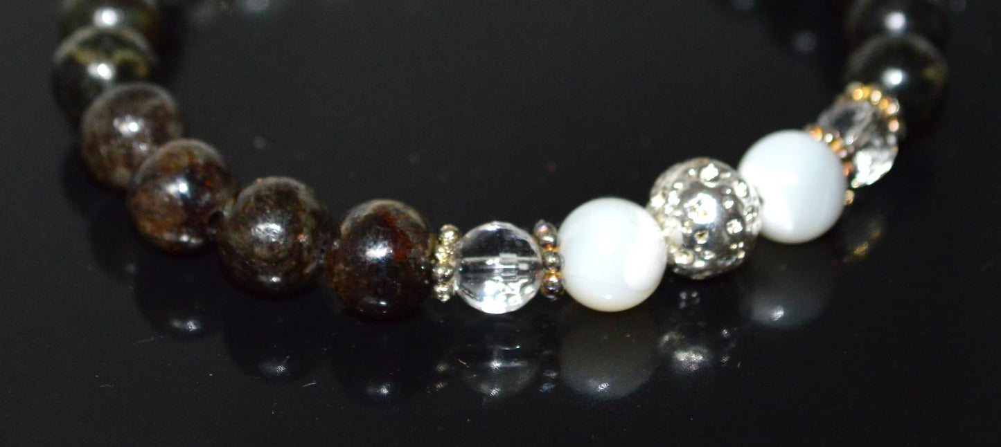 Astrophyllite, Crystal Quartz, Lava & Mother of Pearl Stretch Bracelet - Birthstone for April & June - Zodiac Sun Sign for Aries, Taurus, Gemini Cancer - Crown Chakra