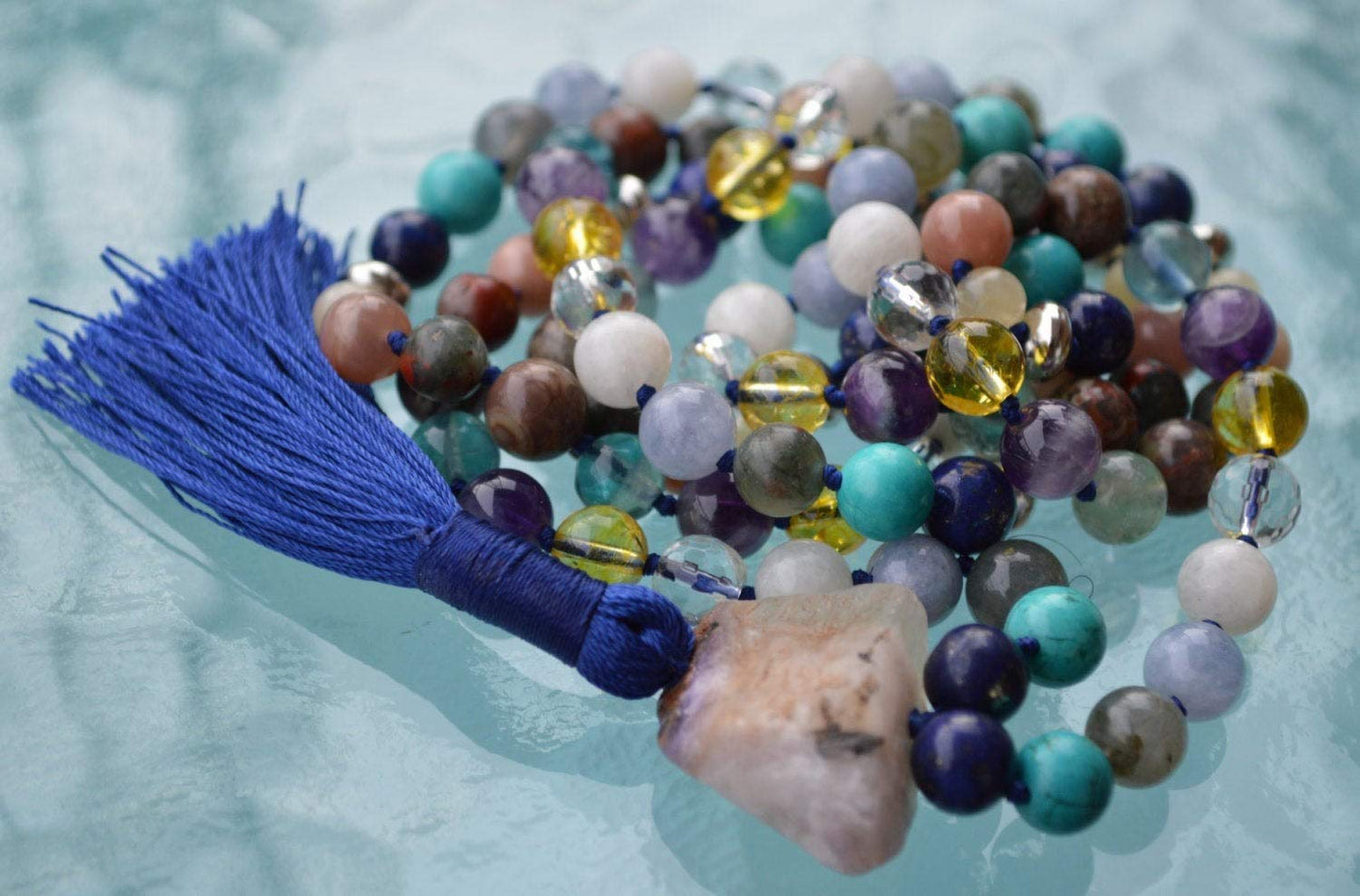 Hand-Knotted Pisces Mala Necklace – February & March Birthstone - Third Eye, Throat, Heart, Solar Plexus and Crown Chakras