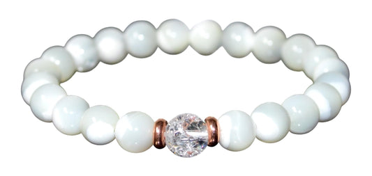 Mother of Pearl Himalayan Ice Crystal Quartz Bracelet - 8mm Beads Hand-Knotted - VESTA Collection - Gemini Cancer Birthstone - Heart Crown Chakra Healing - Natural Stone Handmade USA - AYK