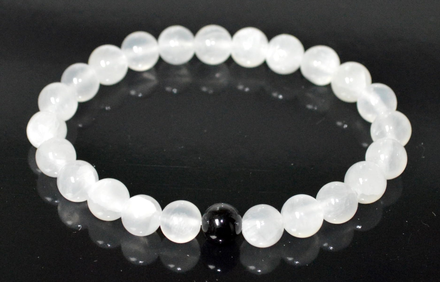 Selenite and Tourmaline Stretch Bracelet – Crown Chakra, Cancerian Birthstone