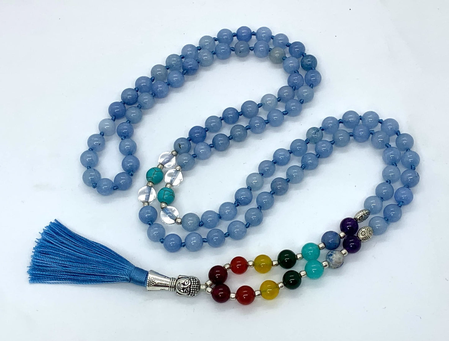 Energized 7 Chakra mala Hand Knotted 108 mala beads necklaces - Japa mala - Buddhist prayer beads - Meditation beads - Healing crystals for men women (Sky Blue Jade 5th chakra Throat chakra mala)