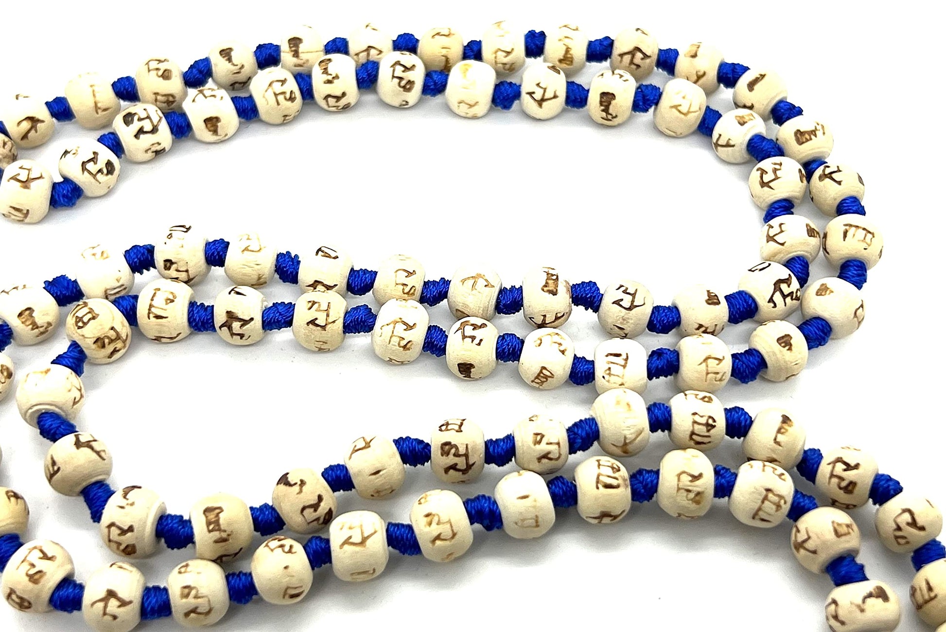 Tulsi Mala Necklace 108 Beads Gemini Zodiac Heart Chakra Meditation Sacred Wood Prayer Beads VANMALA Collection Blue String Tassel Spiritual Protection Devotional Jewelry Handmade USA AYK