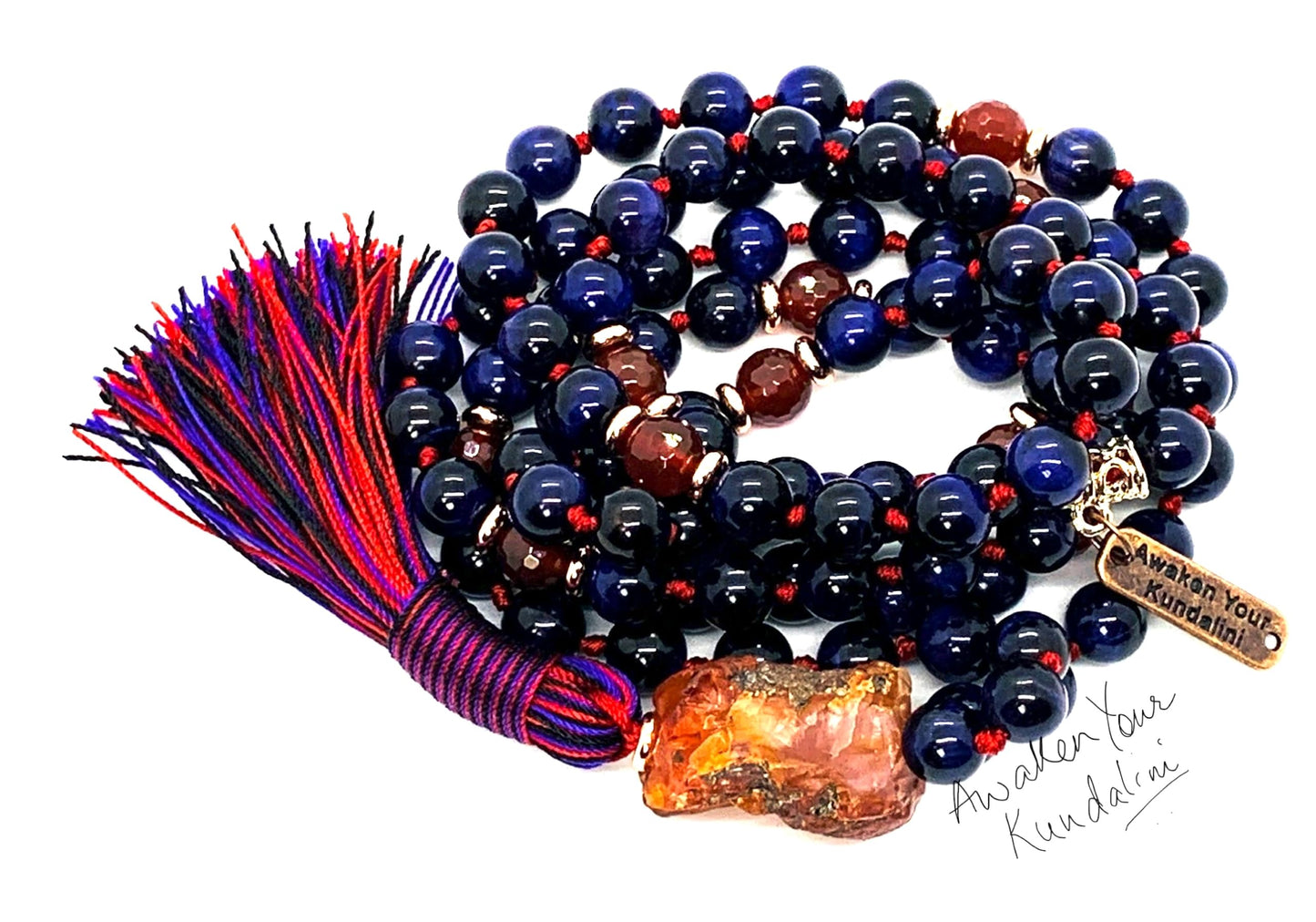 Hand Knotted Royal Vision Mala – Purple Tiger’s Eye with Faceted Carnelian Markers | 8mm 108 Beads | Third Eye & Sacral Chakras | July Birthstone Energy | Ethically Sourced