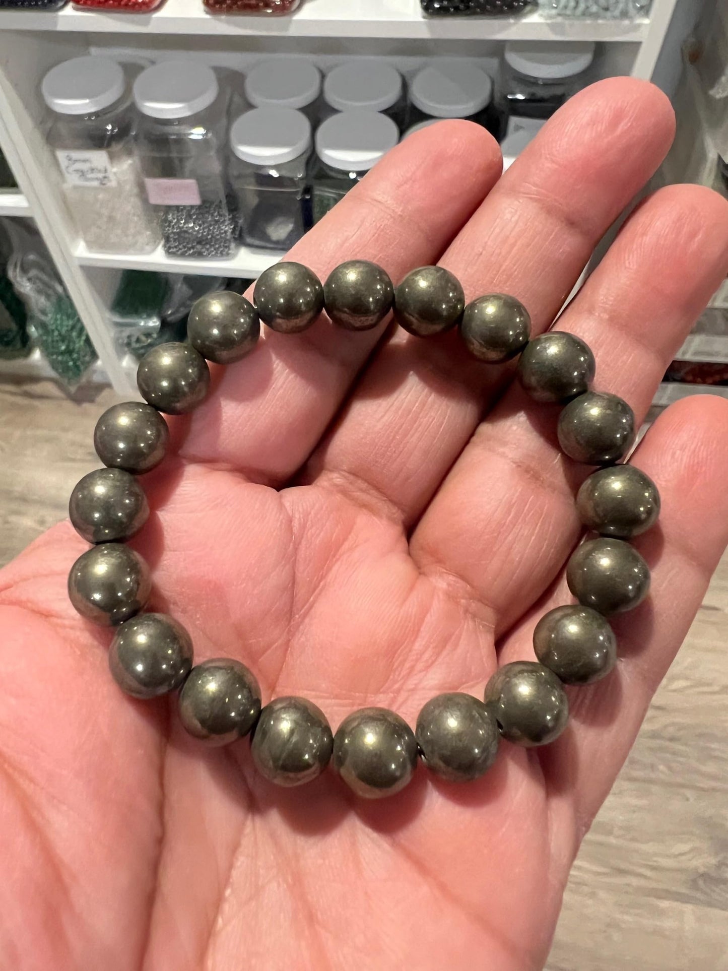 Ignite Your Willpower: Handmade Pyrite Stretch Bracelet (10mm Beads) - Aries Birthstone & Solar Plexus Chakra Power