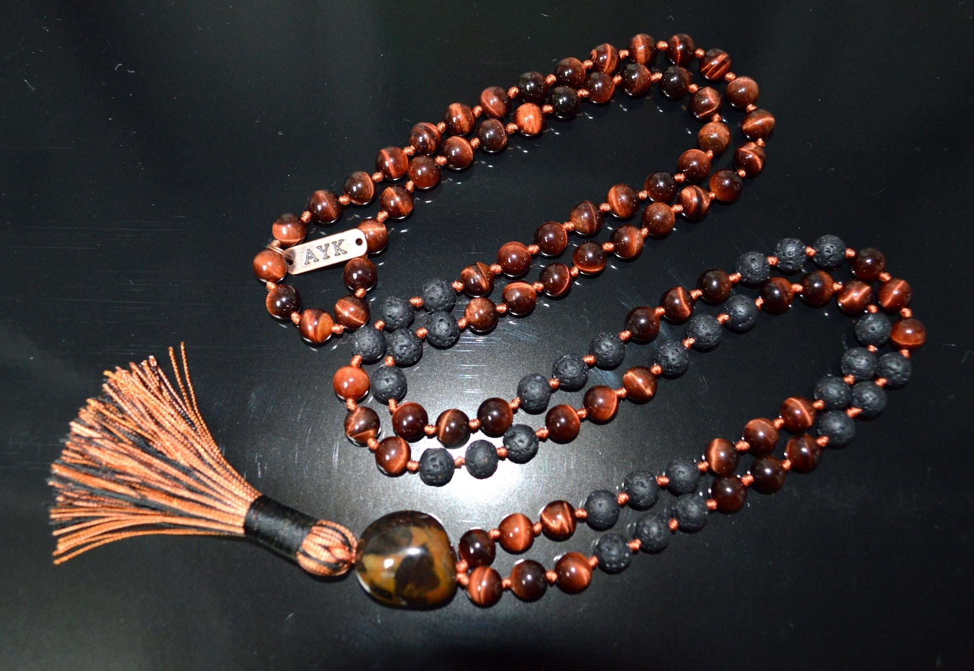 Natural Red Tigers Eye Lava Stone Mala Final 108 Beads Hand-Knotted VULCAN Fire Element Collection Root Sacral Chakra Activation Volcanic Energy Spiritual Protection Handmade USA Awaken Your Kundalini"