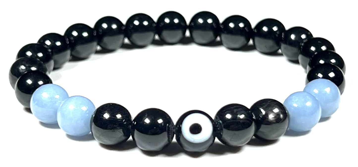 AWAKEN YOUR KUNDALINI Empath Protection Bracelet | Stones for Spiritual Awareness | Evil Eye, Tourmaline, Apache Tear, and Angelic Beads Stretch Bracelet | Root Chakra Jewelry