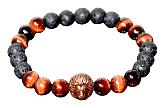 Red Tiger's Eye and Lava Rock Beads Stretch Bracelet with Bronze Finish Lion Head – Root Chakra, Universal Birthstone