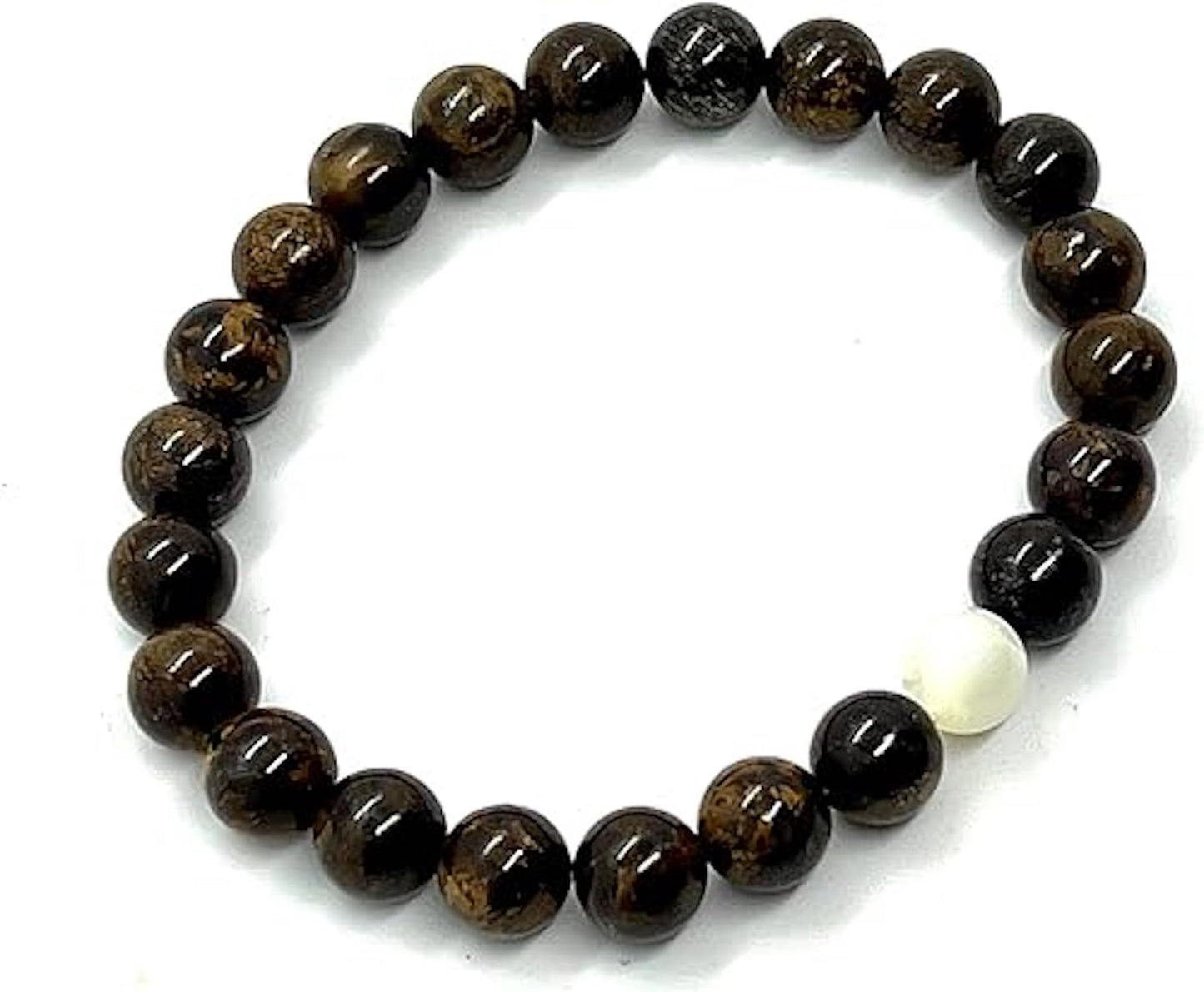 Bronzite & Mother of Pearl Stretch Bracelet (8mm Beads, 7.5 Inches) - Balance & Inner Strength: - Taurus & Gemini Birthstone & Root & Solar Plexus Harmony