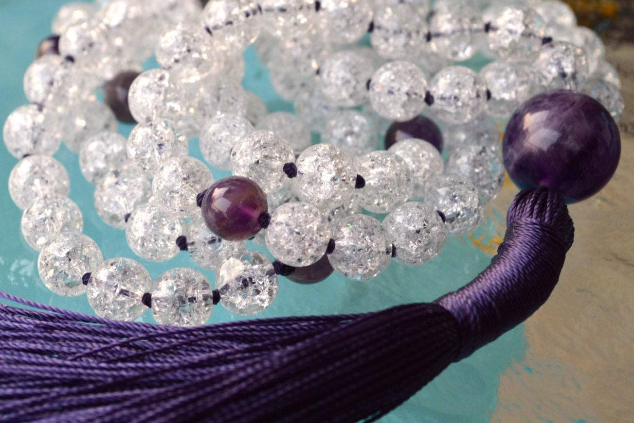 Crackled Quartz & Amethyst Mala Necklace | 108 Beads | Crown Chakra | PRABHA Collection