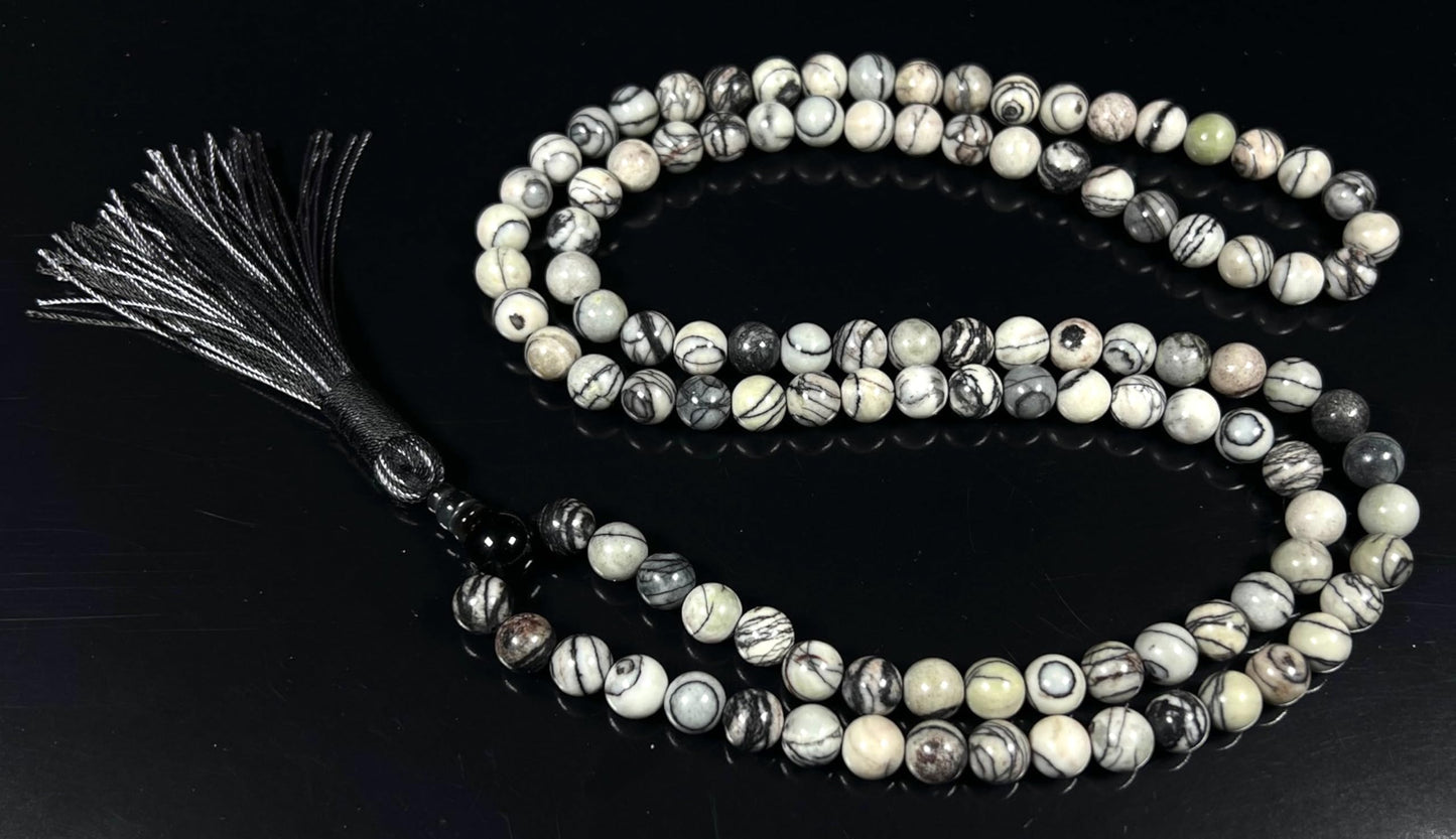 Handmade Natural Netstone Jasper Mala Beads Necklace | 8mm | 108 Beads | Earth Energy Mala | Aries Birthstone & Root Chakra