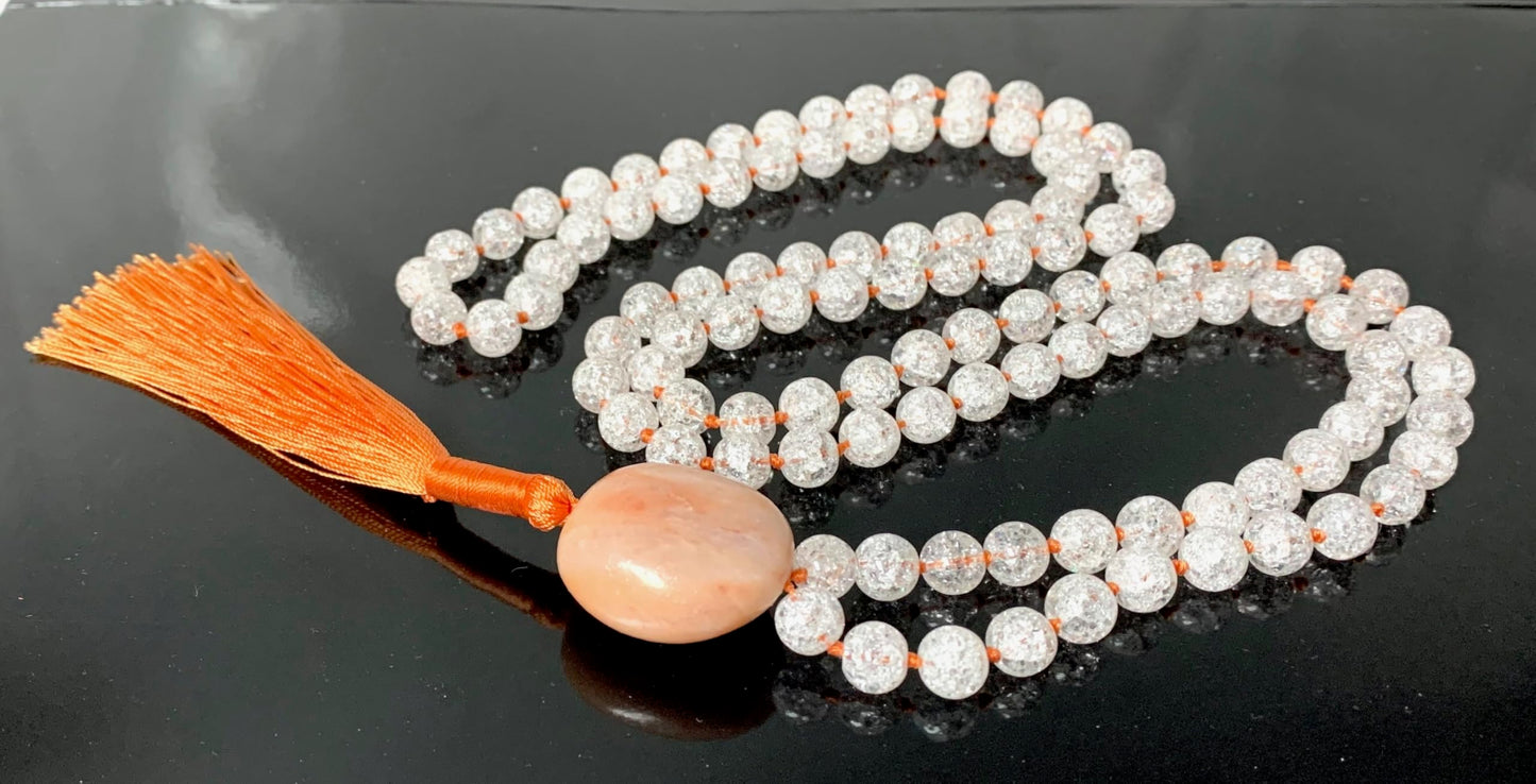 Hand Knotted Crackled Crystal Quartz Mala Necklace with