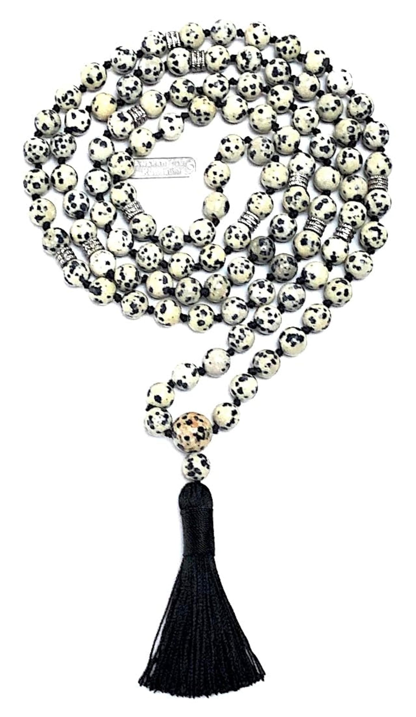 Dalmatian Jasper Mala Necklace: Virgo Birthstone - Balance & Harmony - Root & Crown Chakra (8mm Beads, 44 Inch Length)