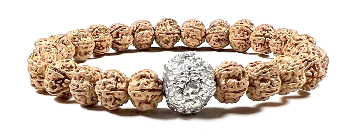 5 Mukhi Chikna Rudraksha with Parad (Mercury) Bead Stretch Bracelet – Leo Birthstone, Mercury Astrological Sign, Heart Chakra