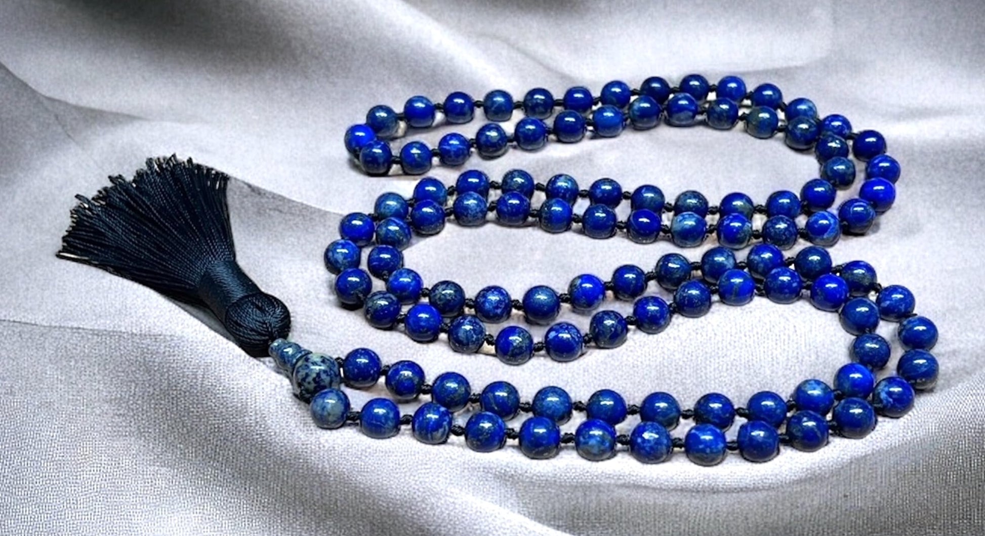 AJNA Collection Lapis Lazuli Mala Beads 108 Beads Hand-Knotted Handmade USA Third Eye Chakra Sagittarius Wisdom Truth Intuition Meditation Natural Stone AYK