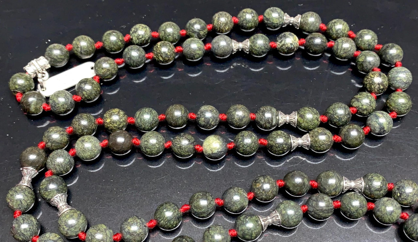 Hand Knotted Sacred Serpent Mala – Serpentine Beads | 8mm 108 Beads | Heart Chakra | May Birthstone Energy | Ethically Sourced