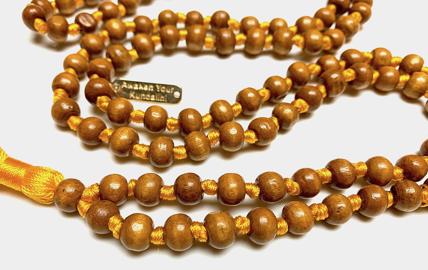 Awaken Your Kundalini Tulsi mala beads necklace hand knotted mala holy basil beads 8 mm 108 Buddhist prayer beads 7 Chakra mala colors - w/Velvet mala pouch (THIRD SOLAR CHAKRA)