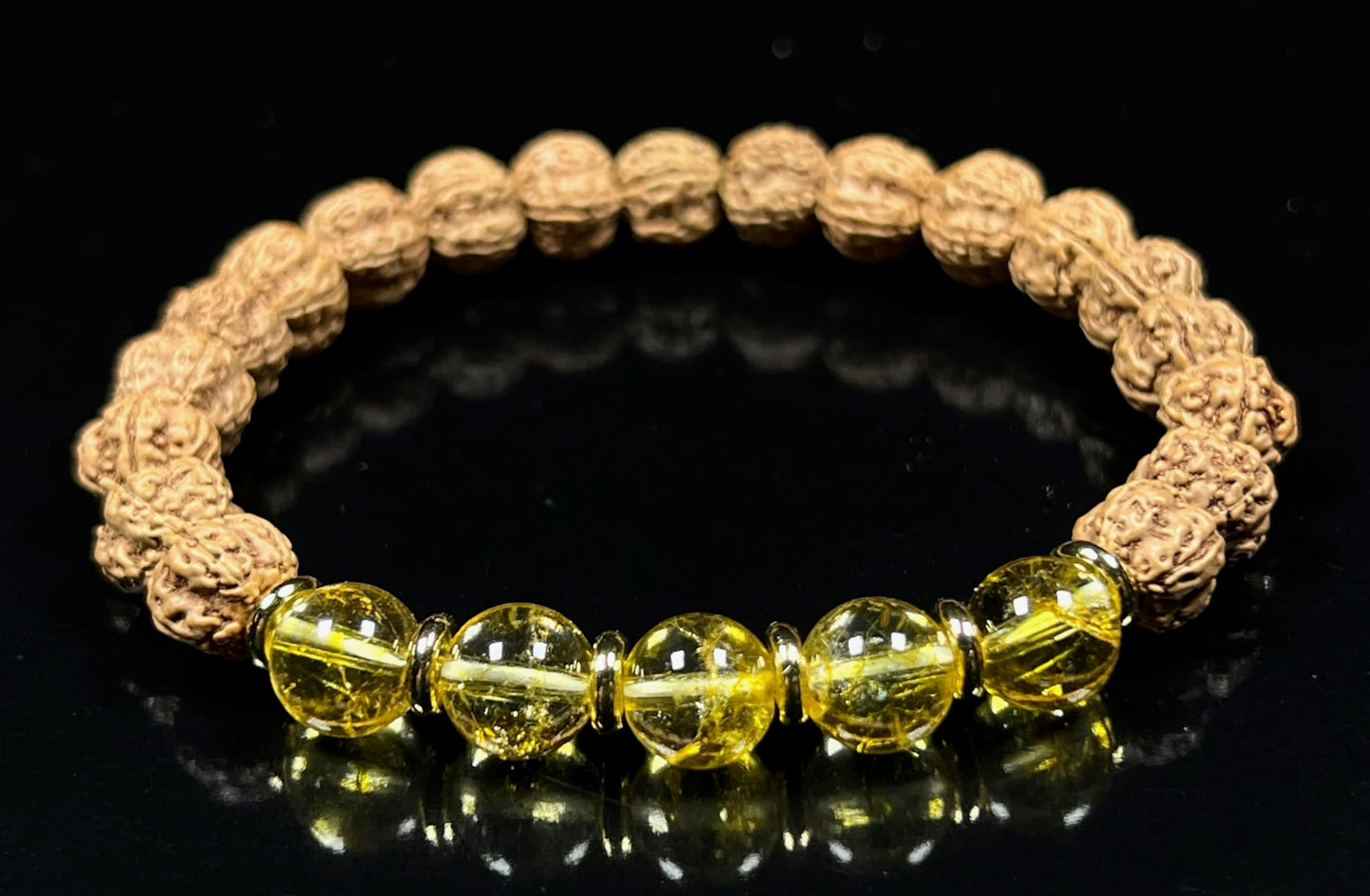 5 Mukhi (5 Faces) Chikna Rudraksha and Citrine Stretch Bracelet - November Birthstone for Sagittarius and Scorpio - Solar Plexus Chakra